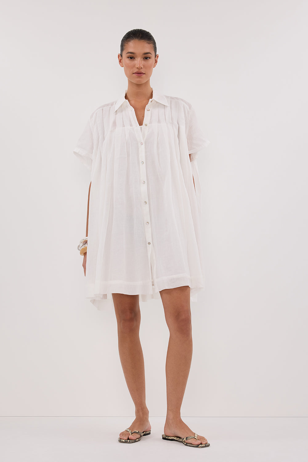 White Ramie Mini Dress with Collar & Adjustable Slip Lining - Carmel