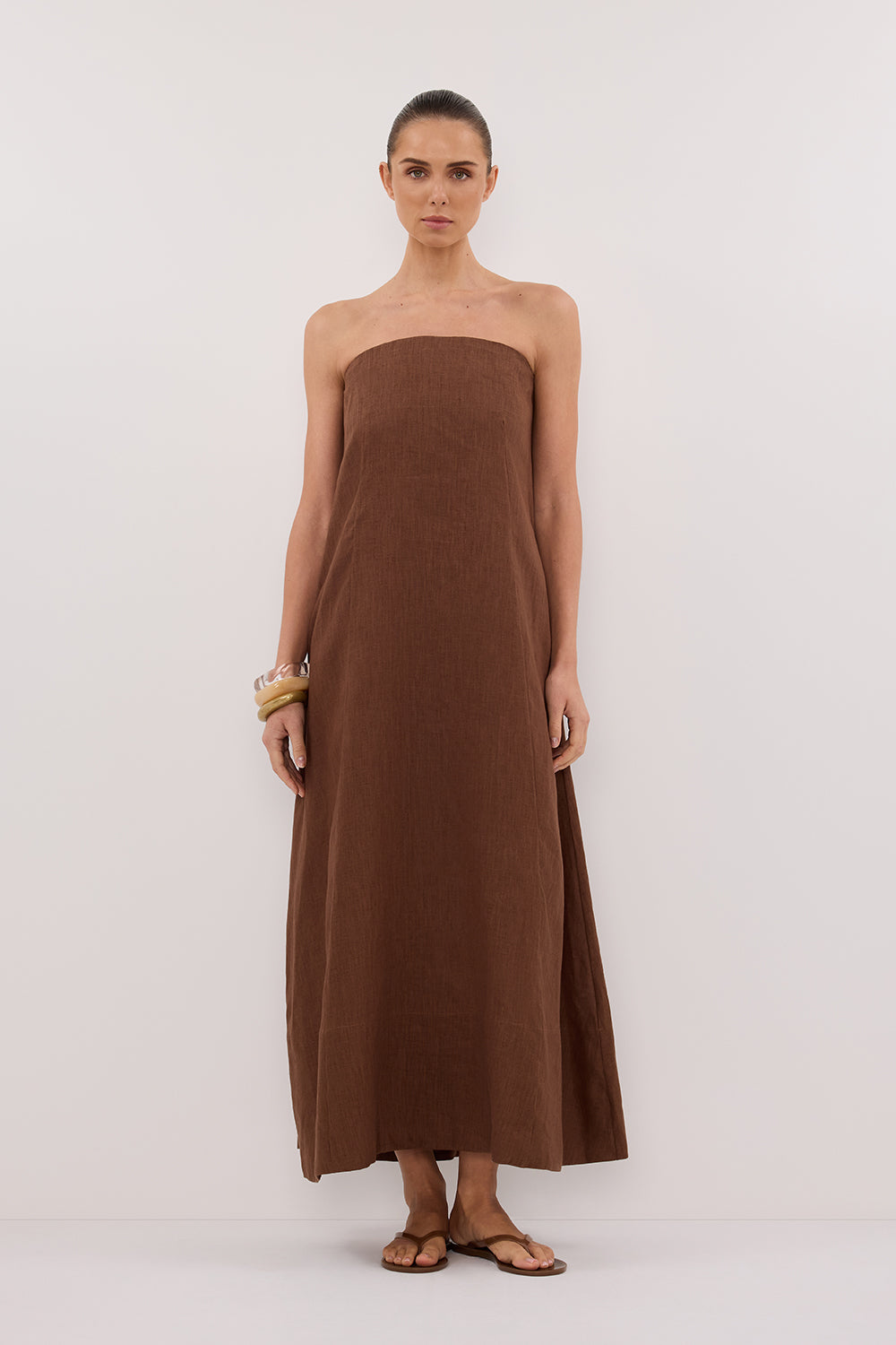 Kinsley Linen Strapless Midi Dress with Pockets & A-Line Silhouette