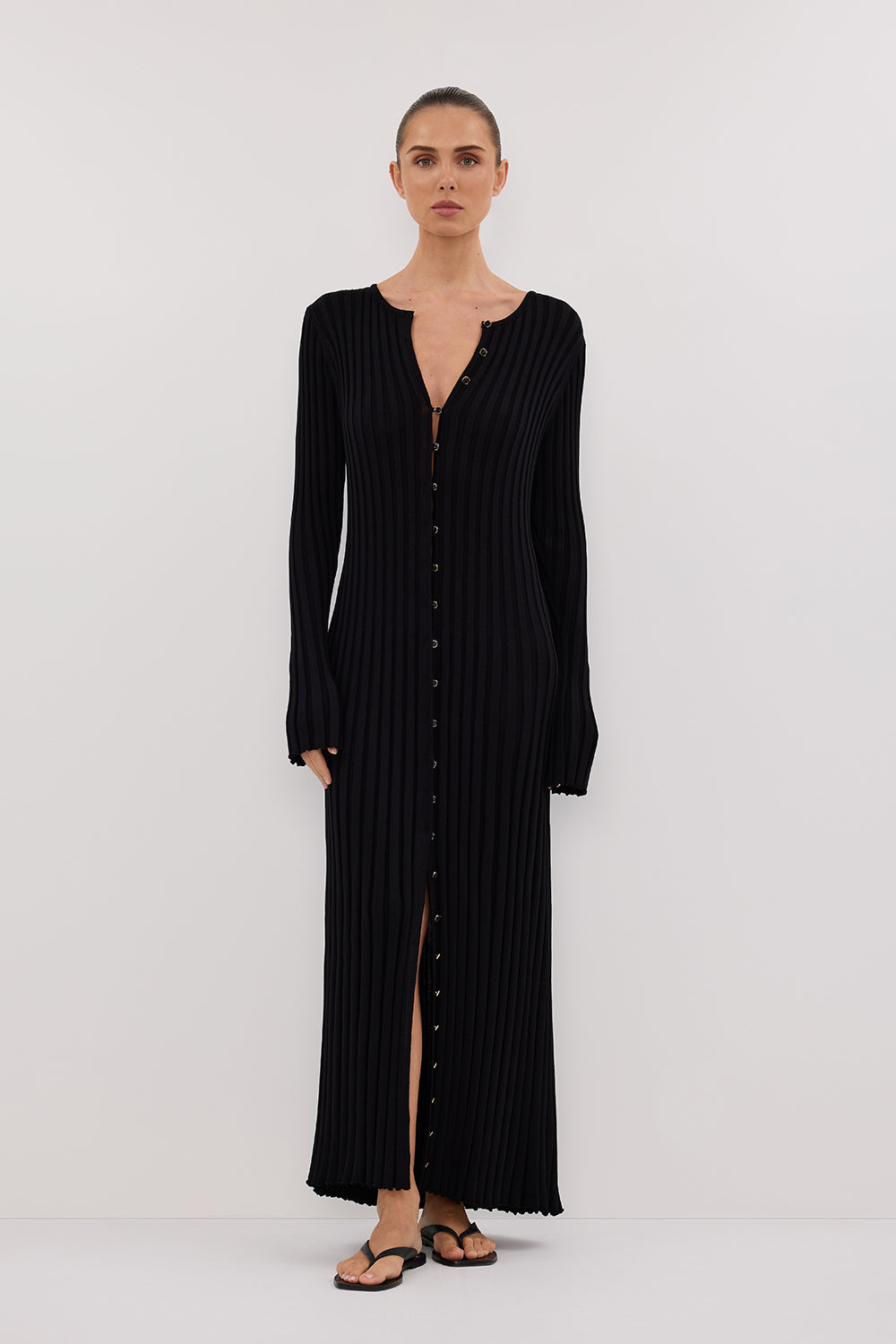 Black Long Sleeve Knit Midi Dress with Bell Sleeves & Waist Tie
