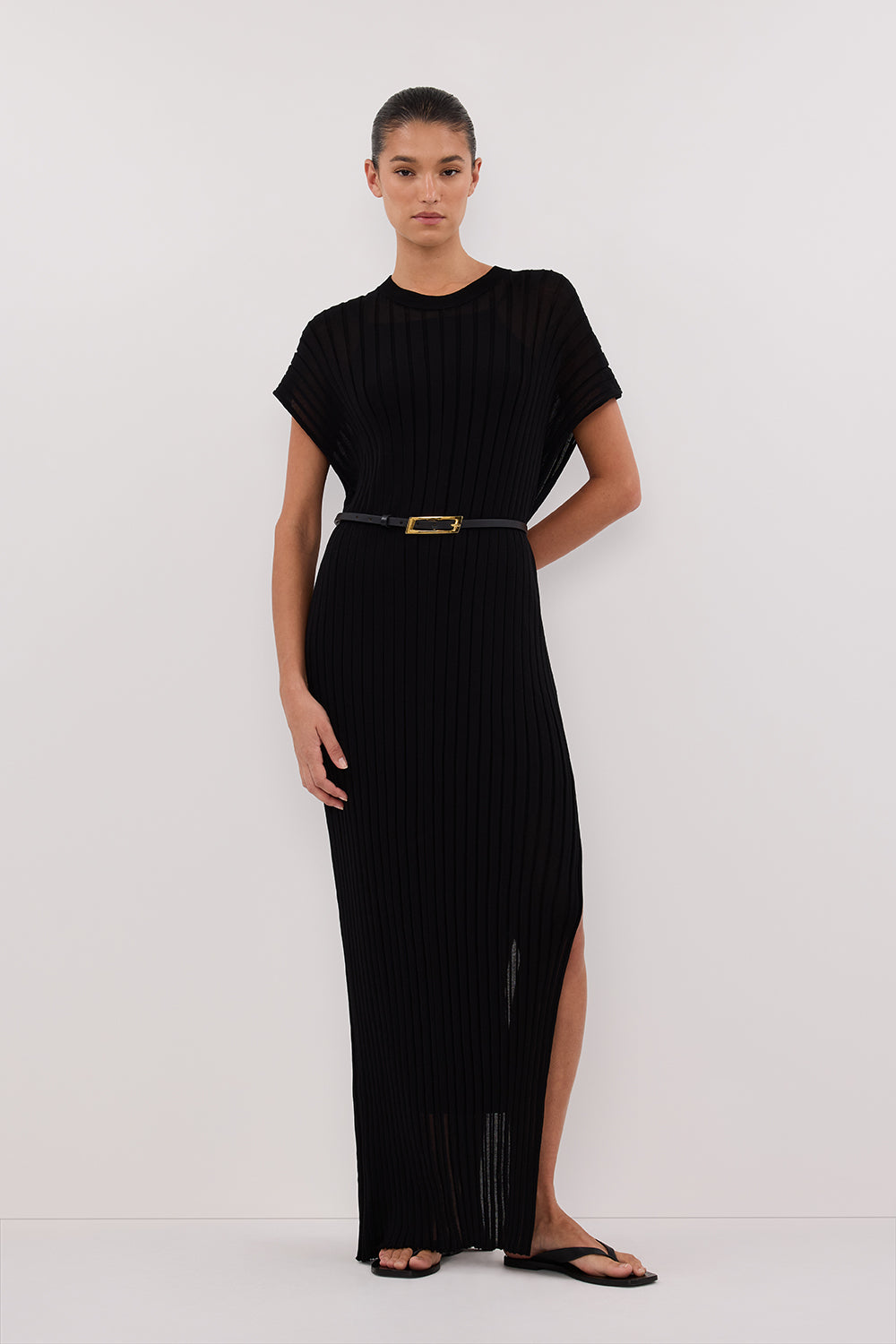 Black Knit Maxi Dress with Side Slit & Removable Lining