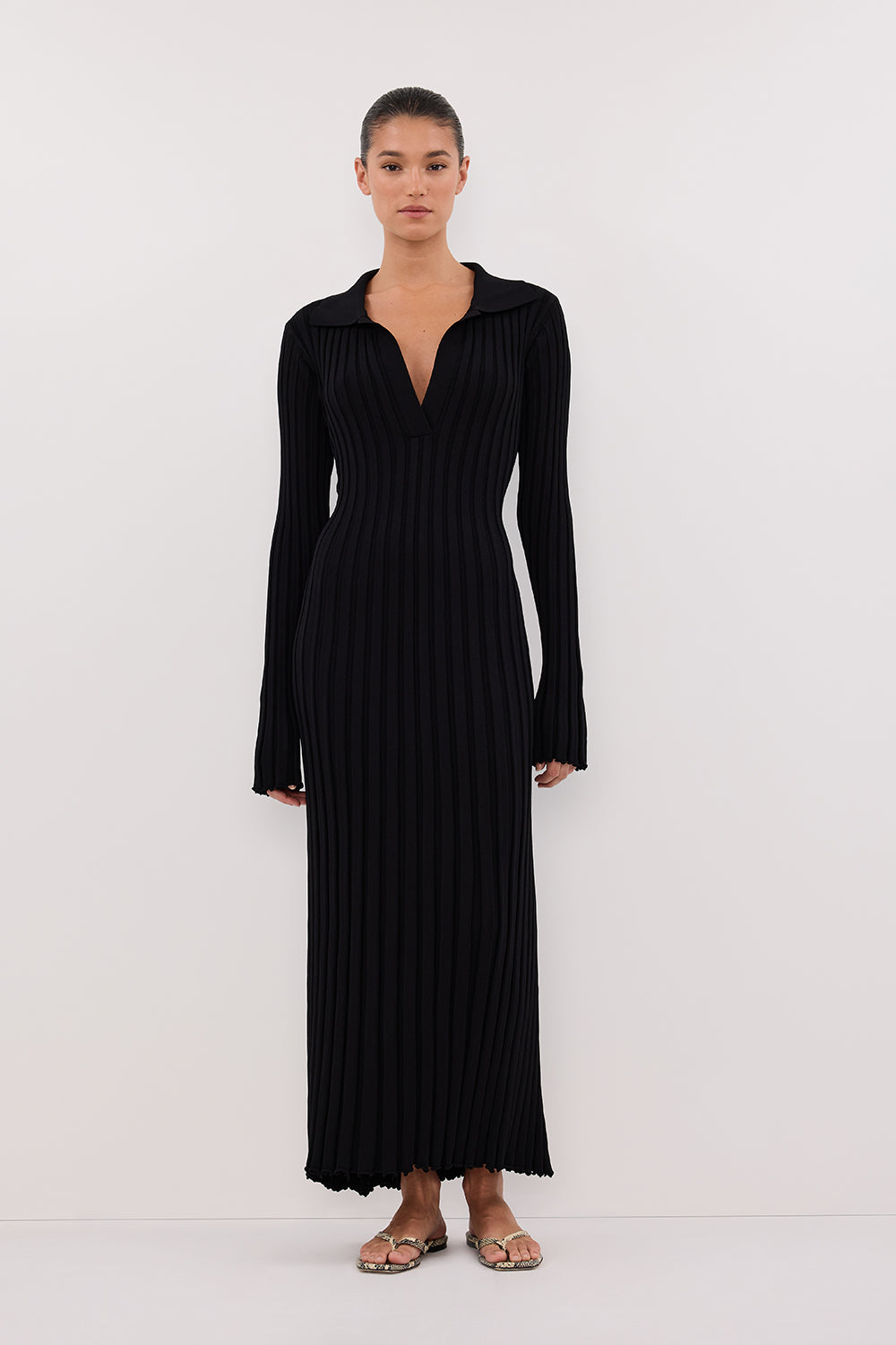 Black Long Sleeve Knit Midi Dress with Adjustable Waist Ties