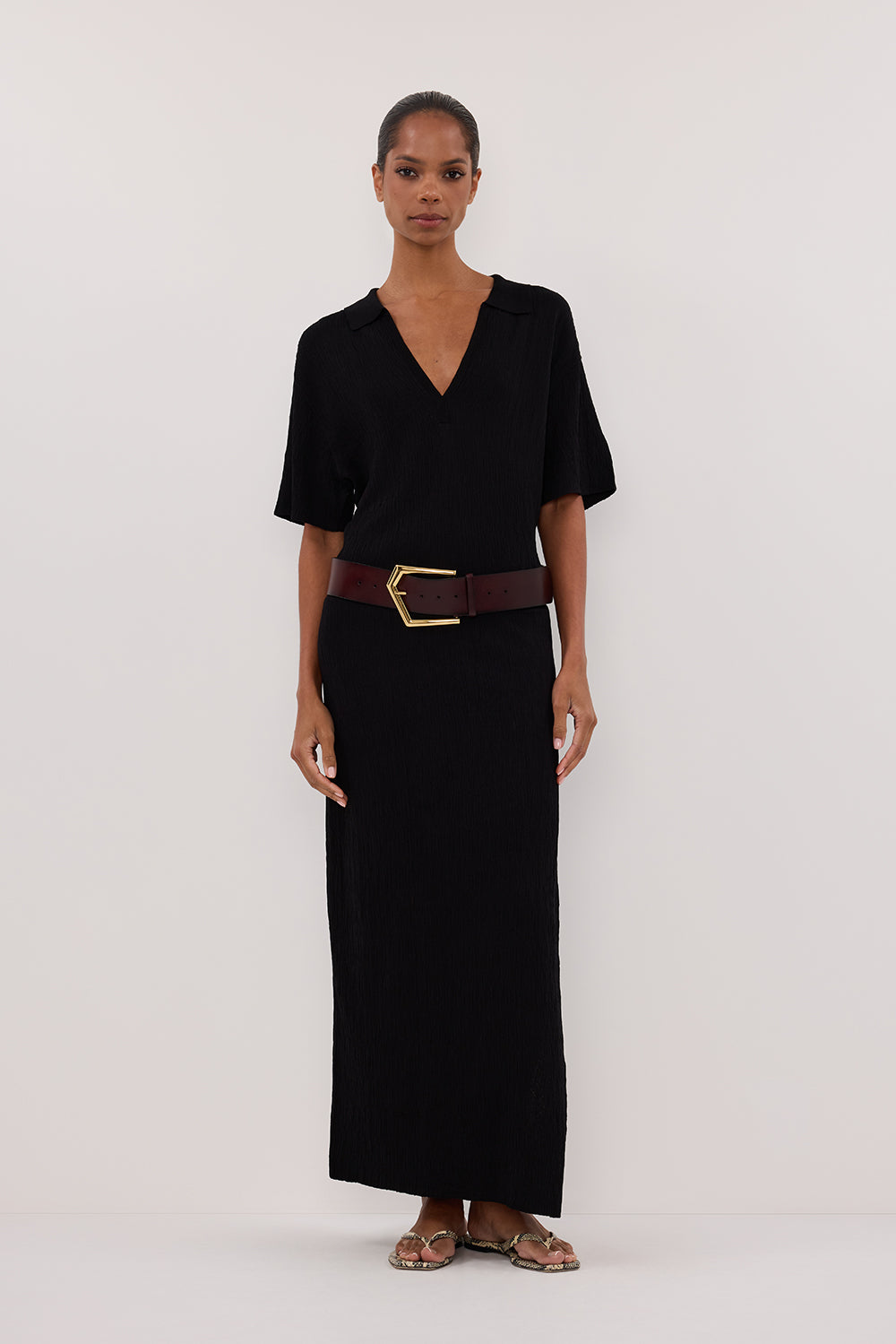 Black Polo Neck Knit Midi Dress with Side Split