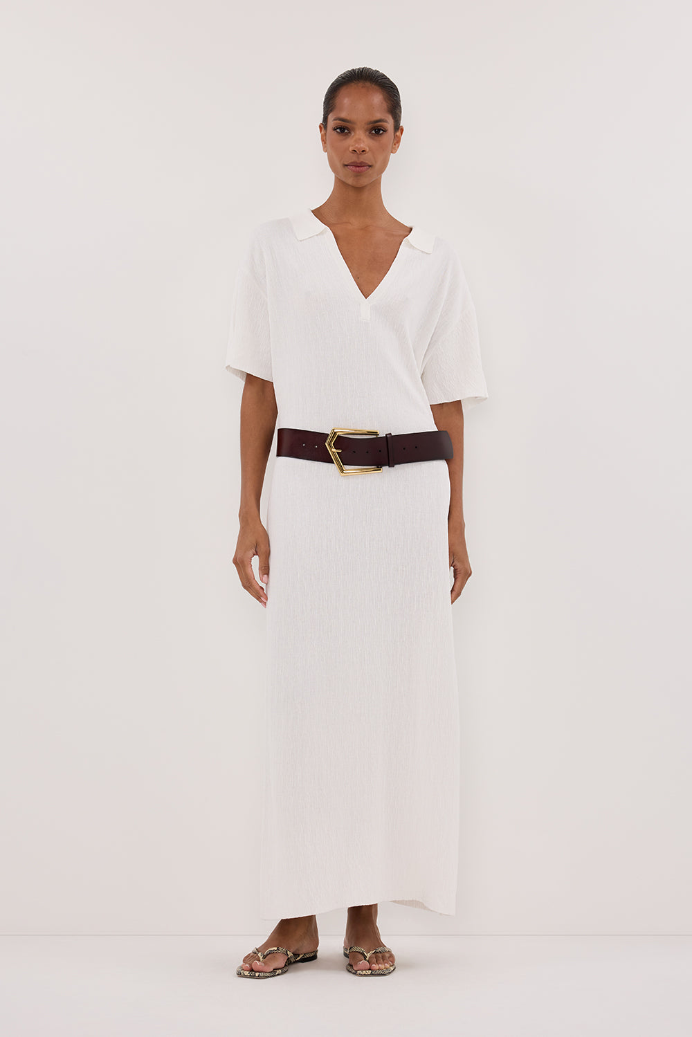 White Polo Neck Knit Midi Dress with Side Split