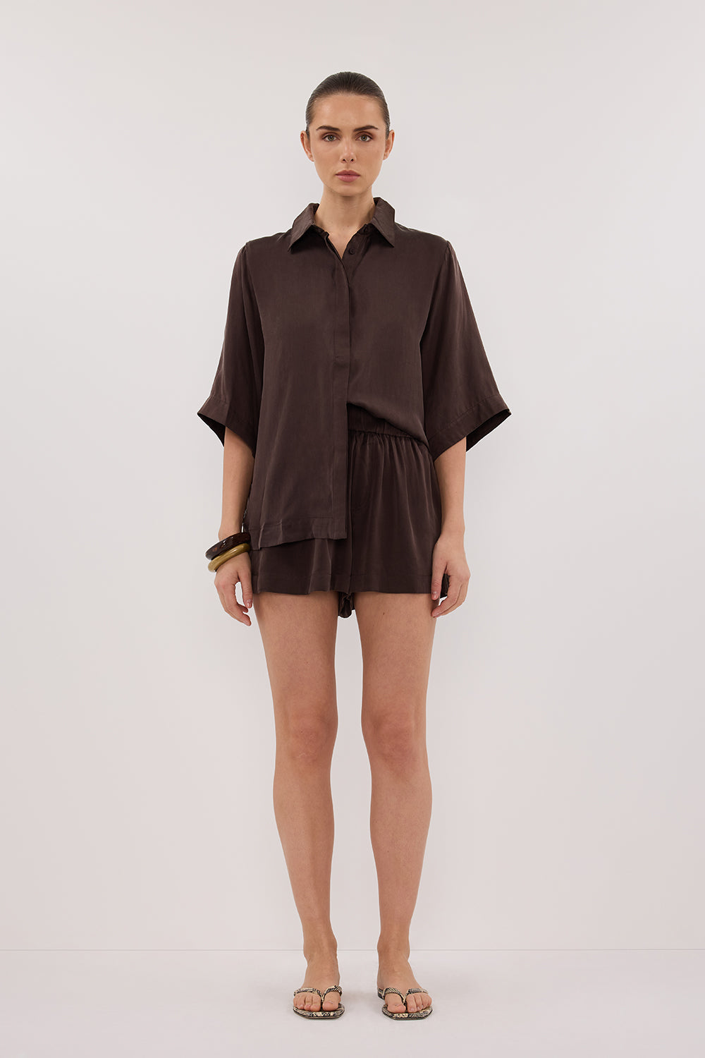 Isla Bitter Chocolate Silk Boxer Shorts with Pockets