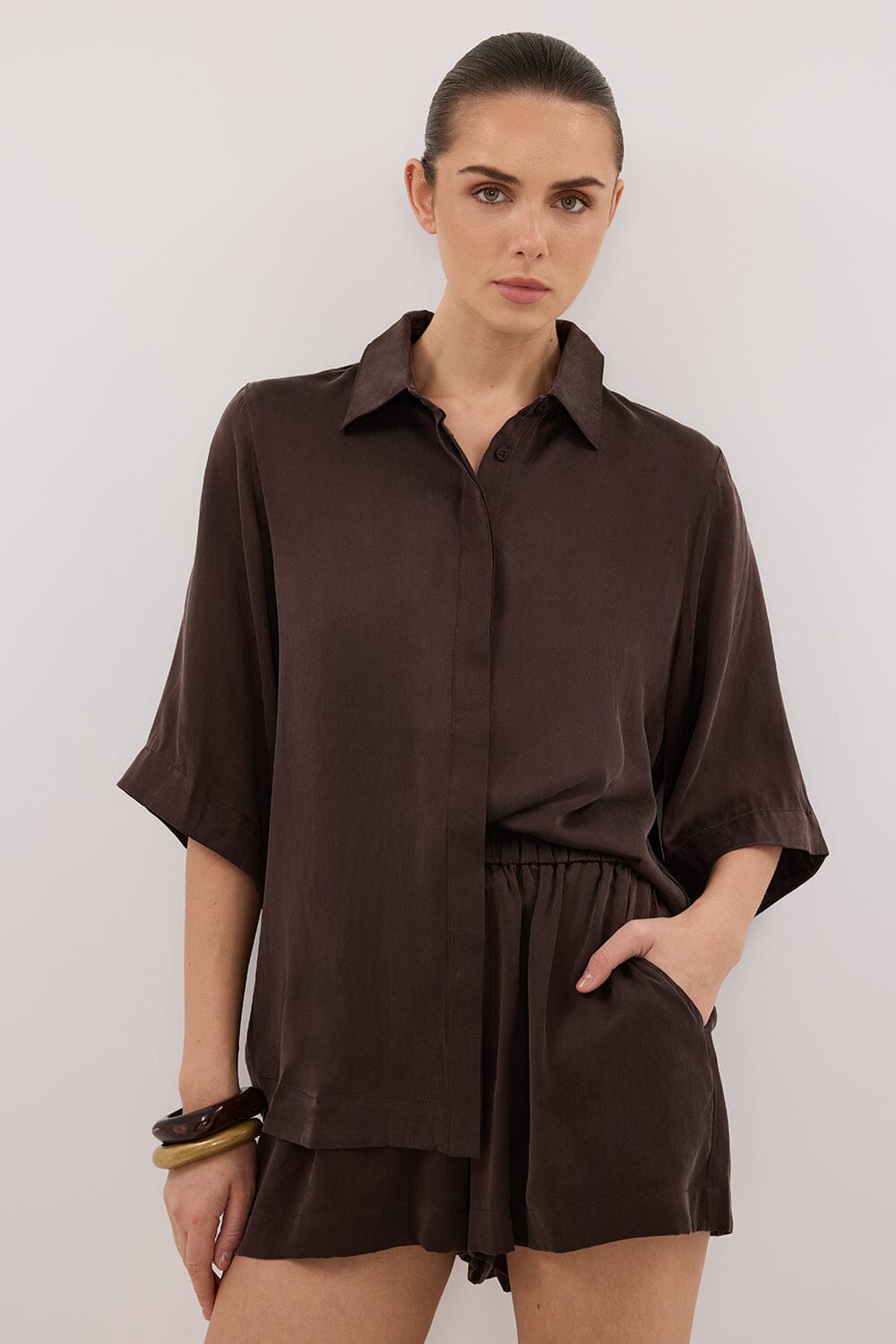 Isla Bitter Chocolate Silk Boxer Shorts with Pockets