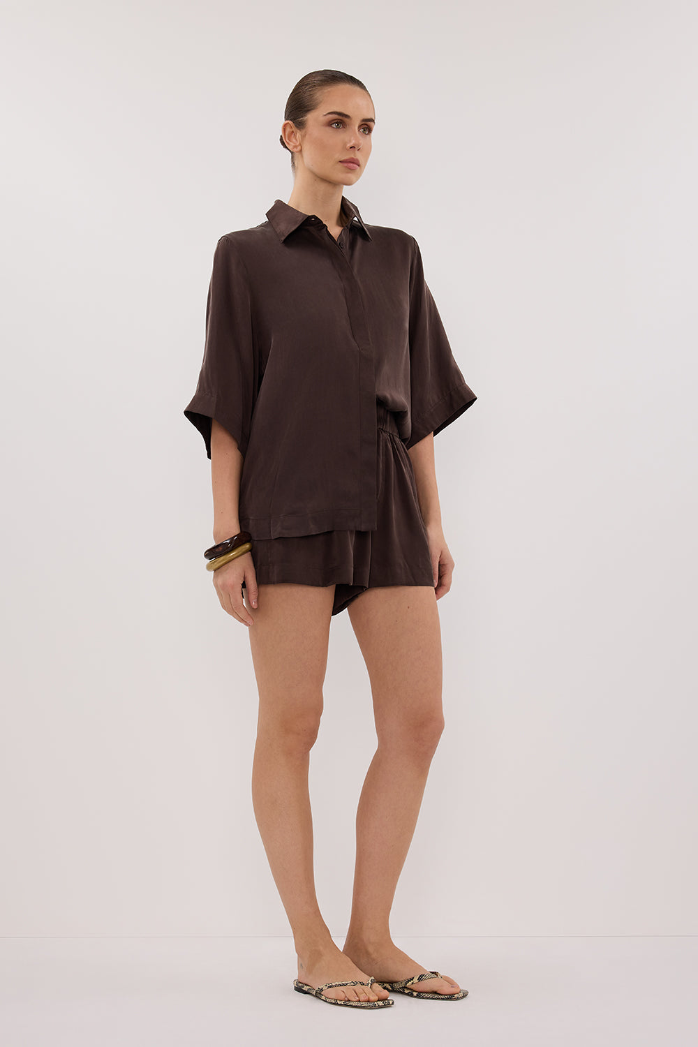 Isla Bitter Chocolate Silk Boxer Shorts with Pockets