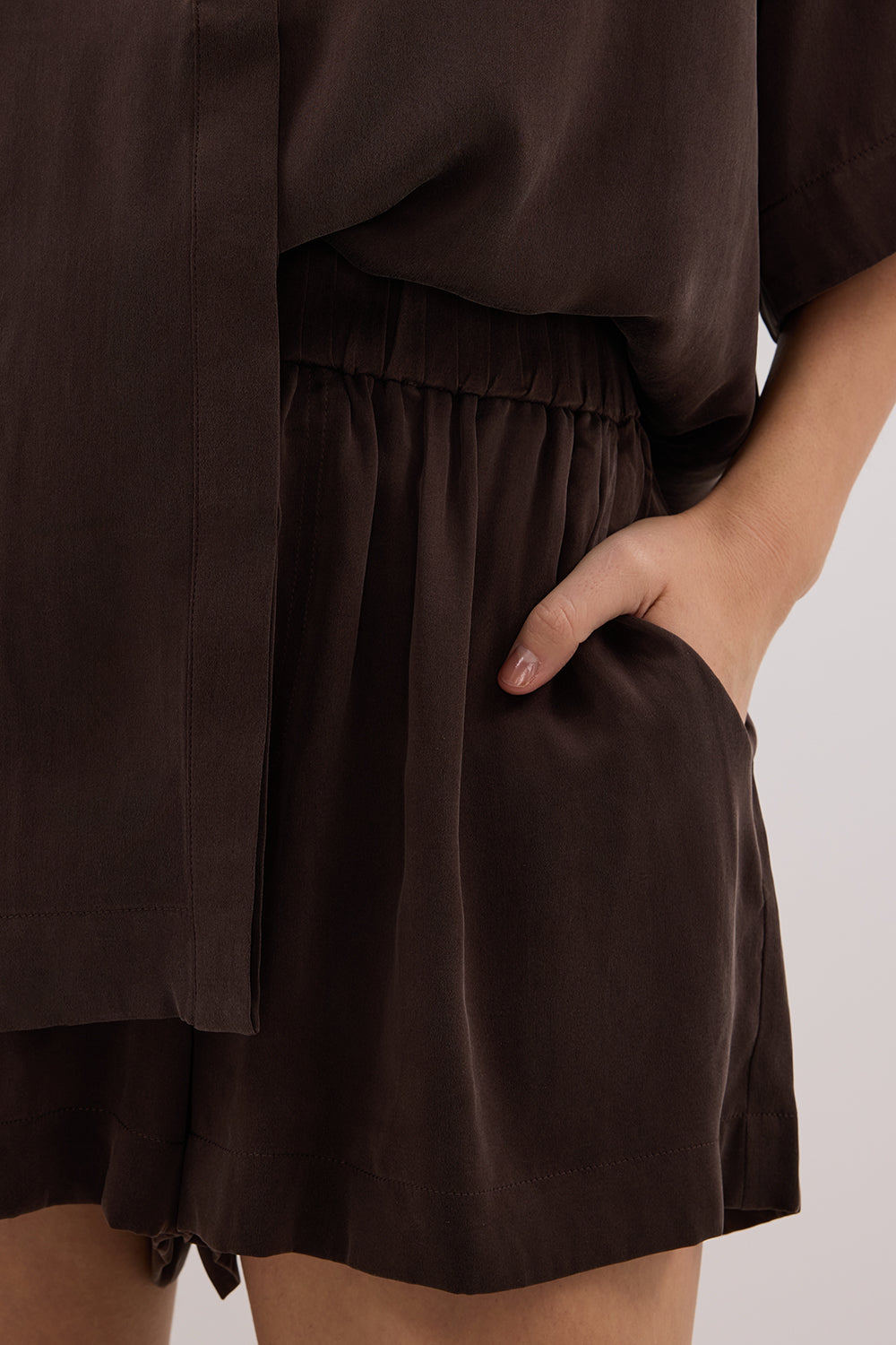 Isla Bitter Chocolate Silk Boxer Shorts with Pockets