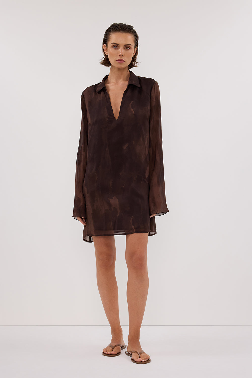 Willow Choc Long Sleeve V-Neck Mini Dress
