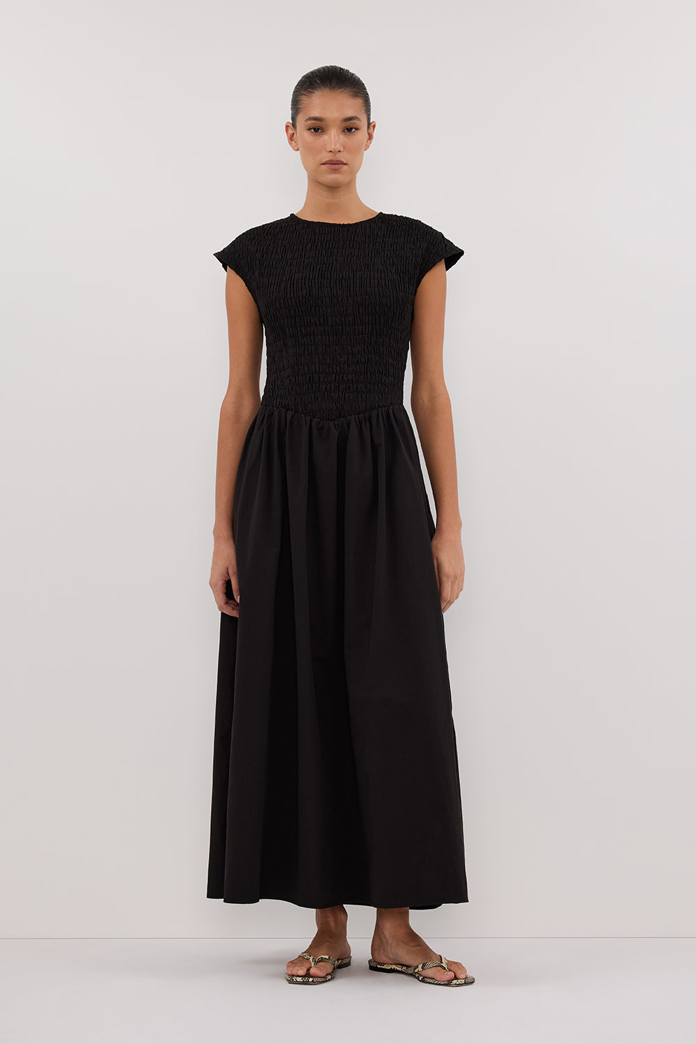 Black Cap Sleeve Midi Dress with Pockets & Elastic Waist