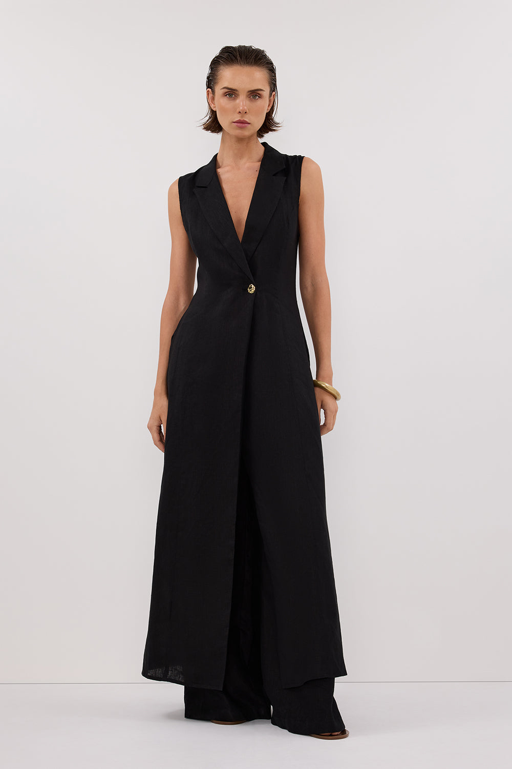 Black Linen Midi Dress with V Neck & Gold Buttons - Cora