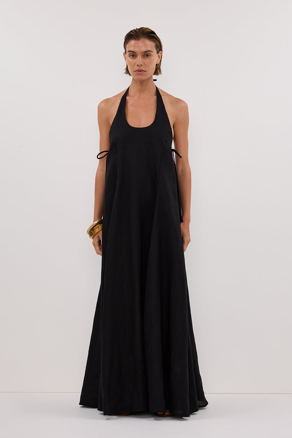 Black Linen Halter Maxi Dress with Open Back & Adjustable Tie – ABBY