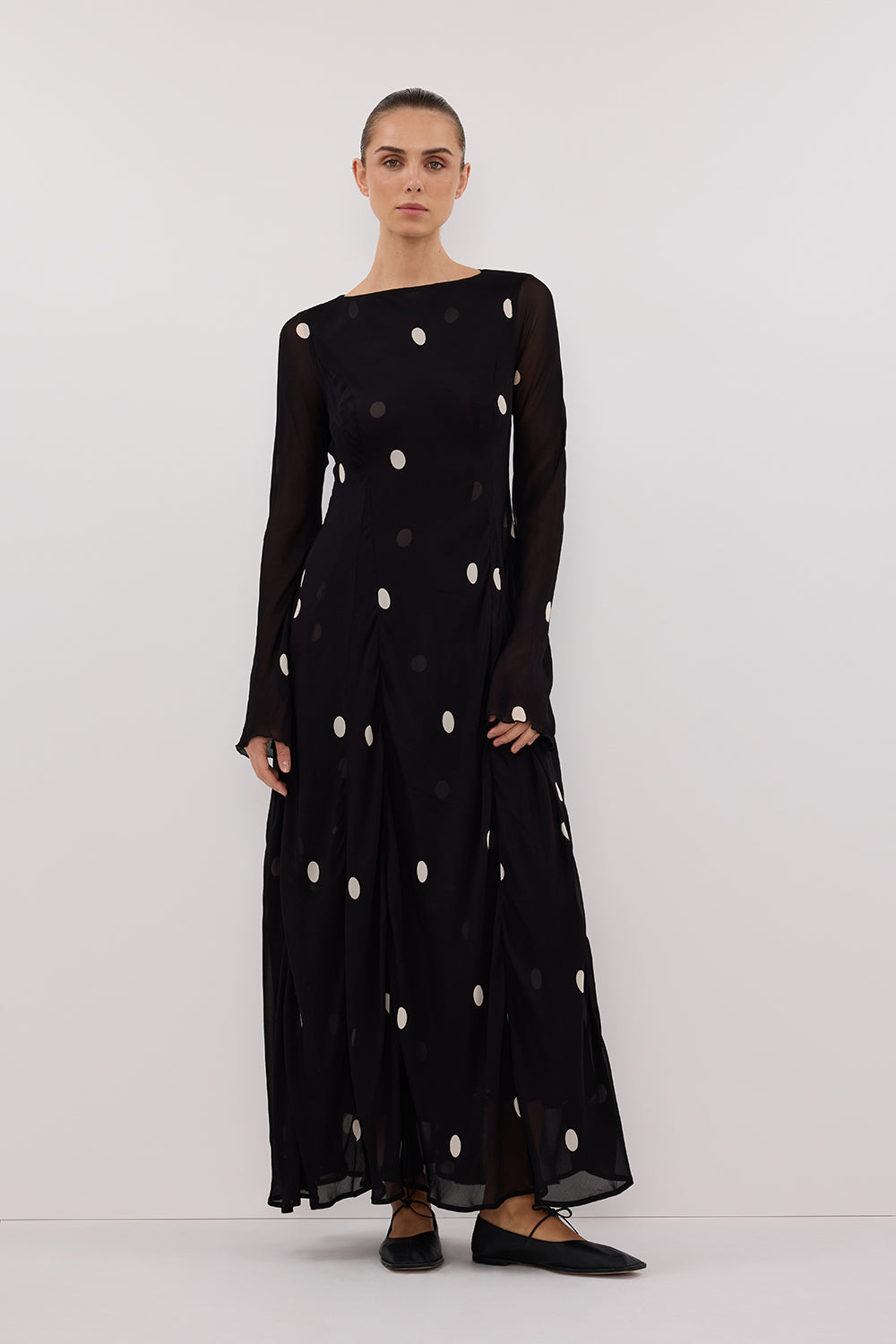 Laura Black Spot Print Midi Dress with Long Sleeves & Keyhole Back