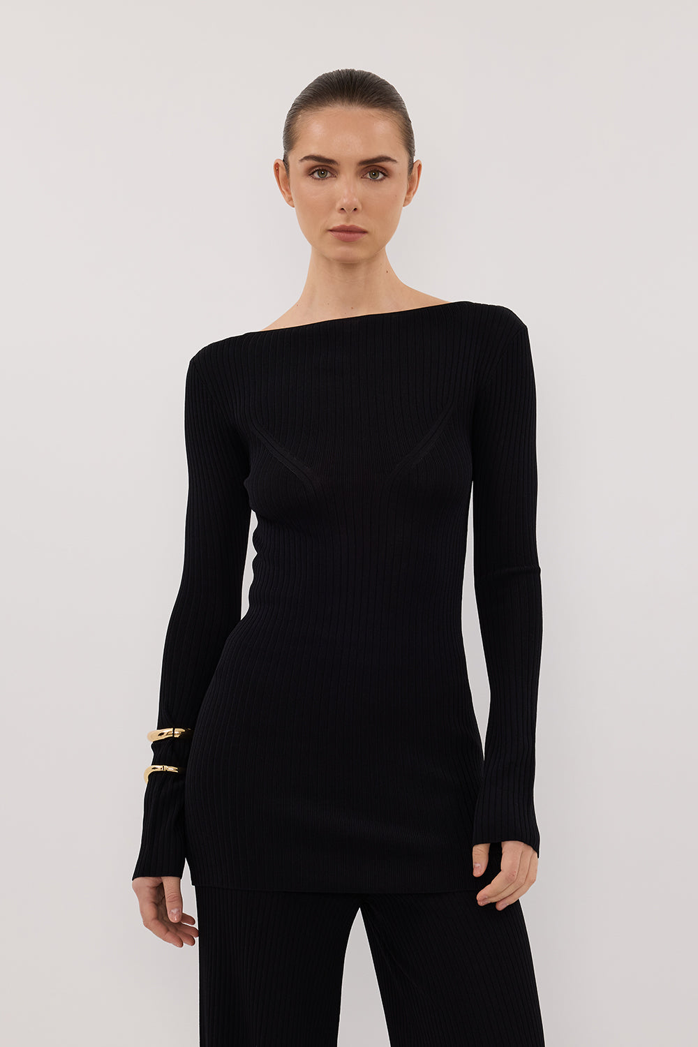 Black Longline Knit Top with Boat Neck & Ribbed Fabric