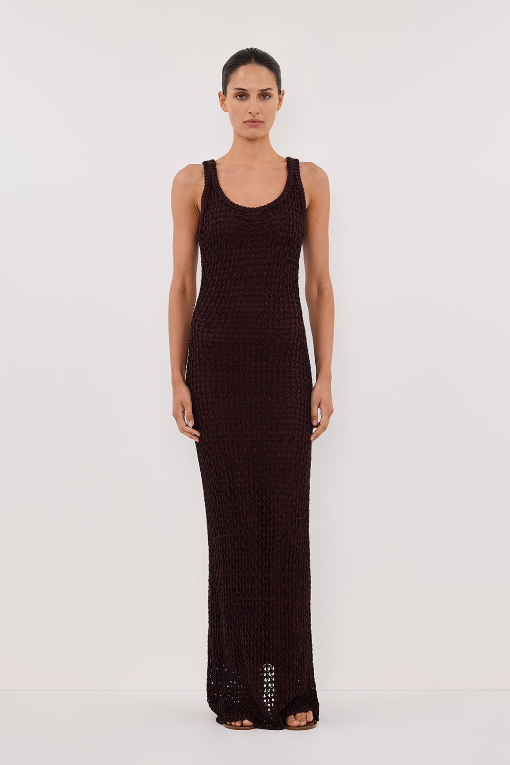 Tess Choc Crochet Knit Maxi Dress - Sleeveless Scoop Neck Column