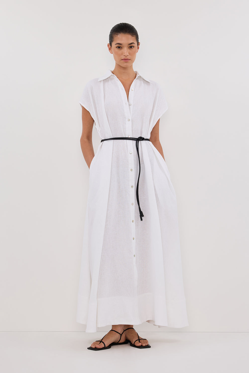 White Linen Midi Shirt Dress with Pockets & Removable Waist Tie