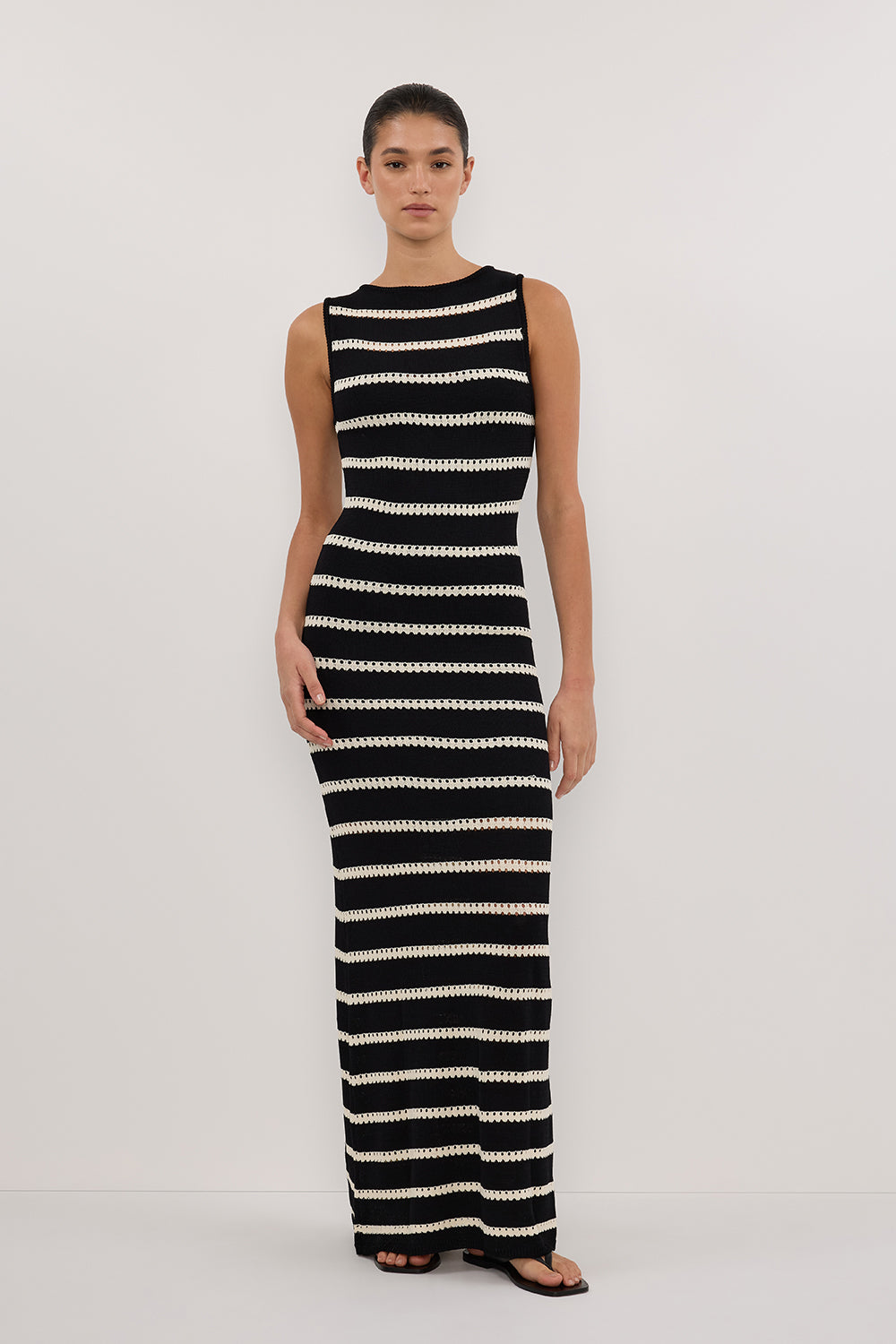 Sleeveless Stripe Boat Neck Maxi Dress with Crochet Panels
