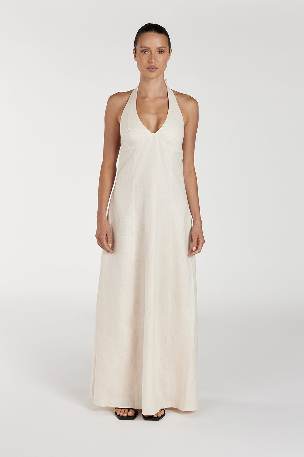 Audrey Linen Halter Dress with Open Back & Adjustable Tie
