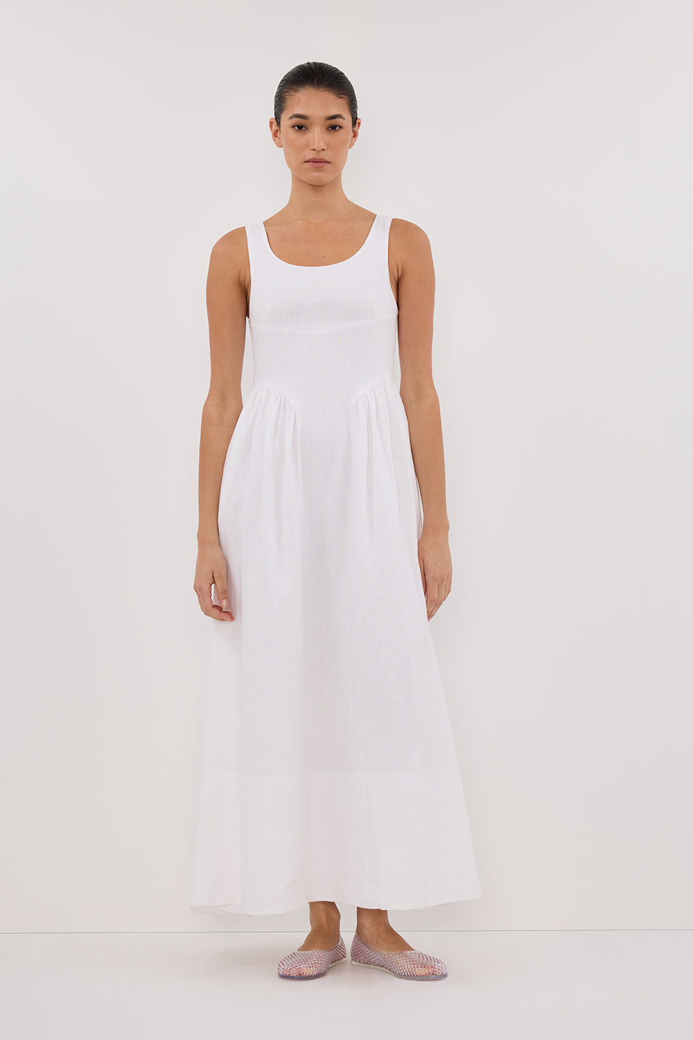 White Linen Midi Dress - Sleeveless with Scoop Neck & Side Gathered Detail