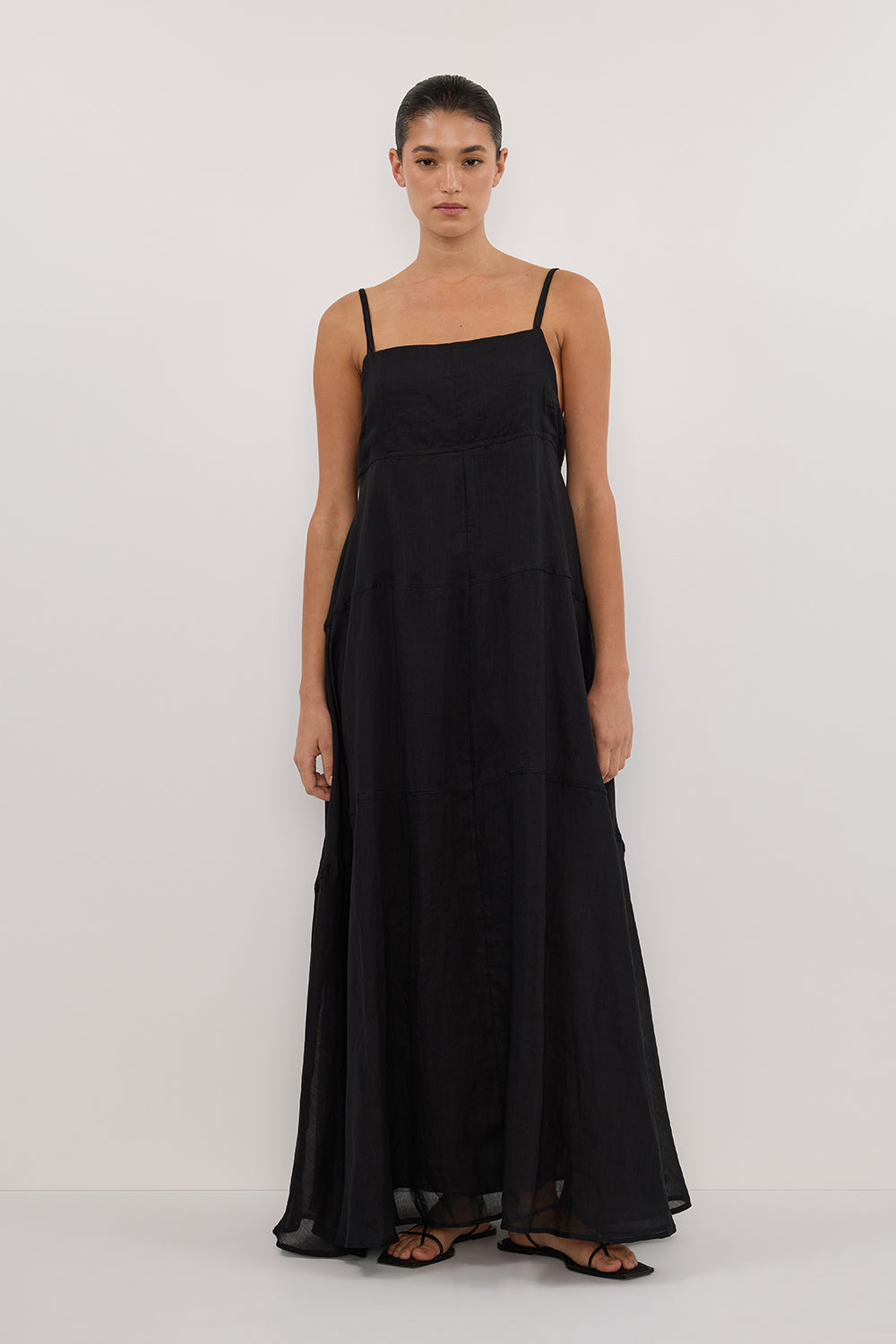 Tina Black Ramie Sleeveless Midi Dress with Adjustable Straps