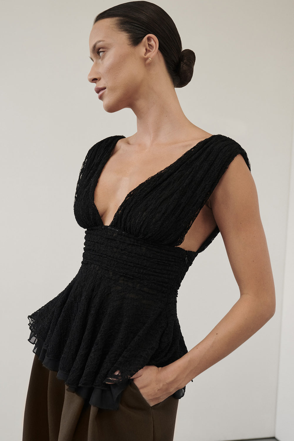 Lizzie Black Lace Peplum Top with V Neck & Side Zip