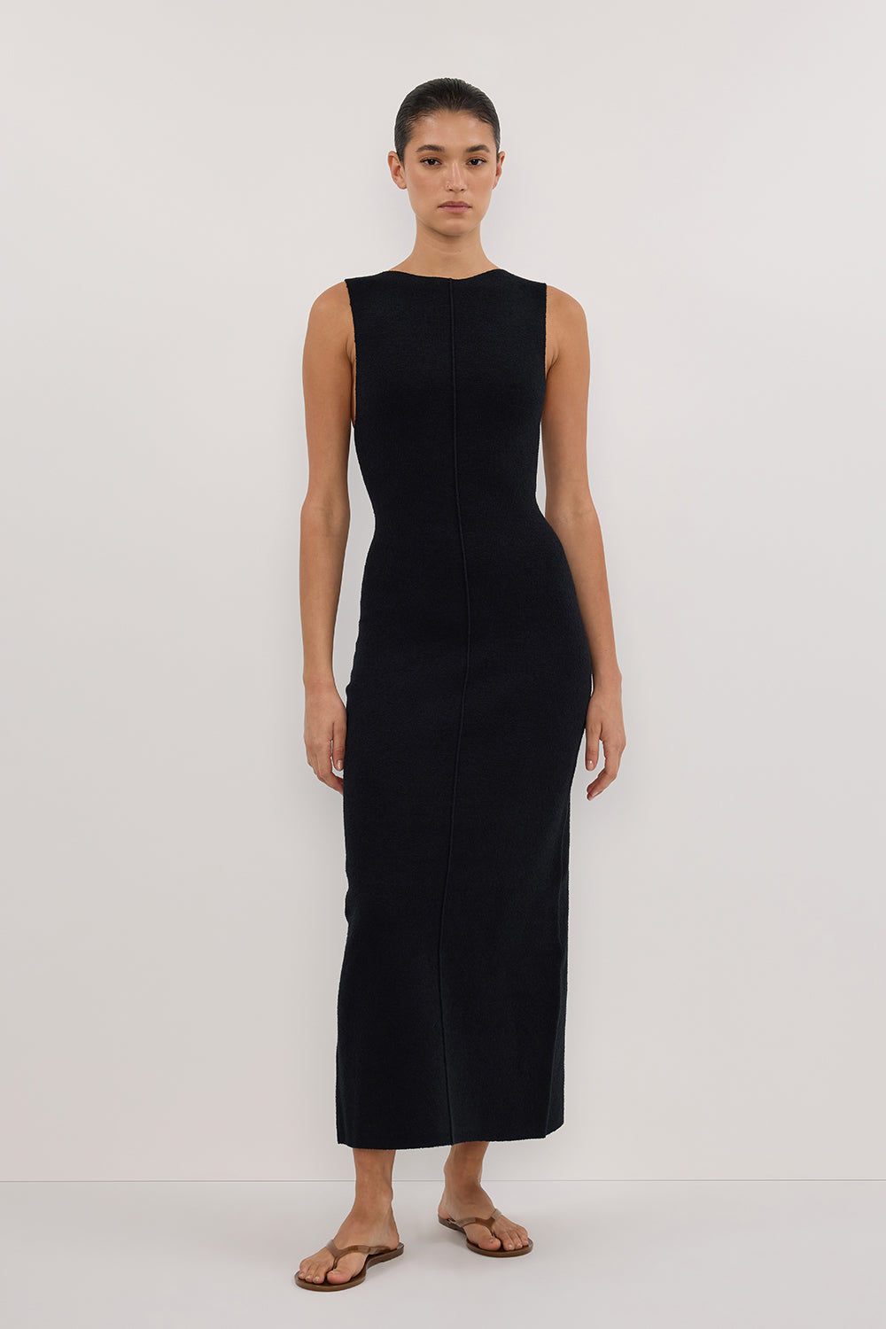 Black Crepe Knit Midi Dress - Sleeveless High Neck Column Silhouette