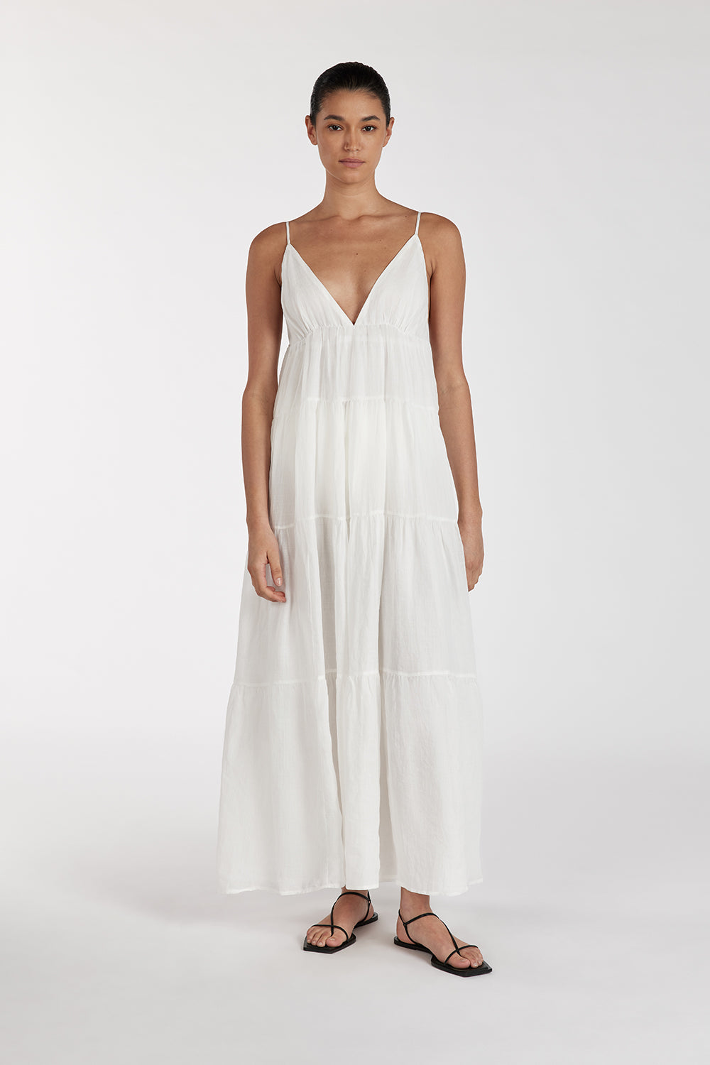 White Ramie Midi Dress - Sleeveless V-Neck with Removable Lining