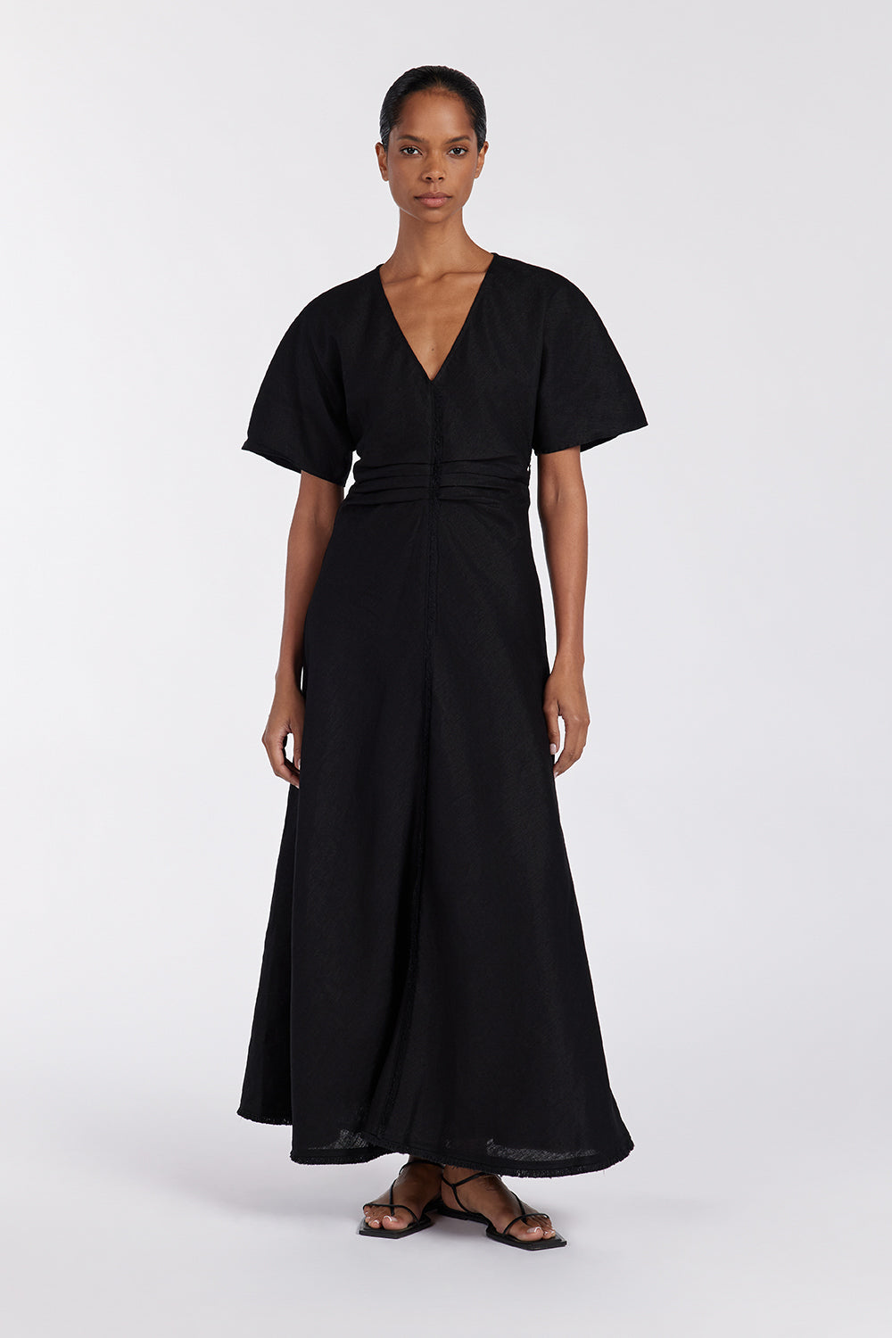 Zahara Black Linen Midi Dress with Fringe Details & V-Neck