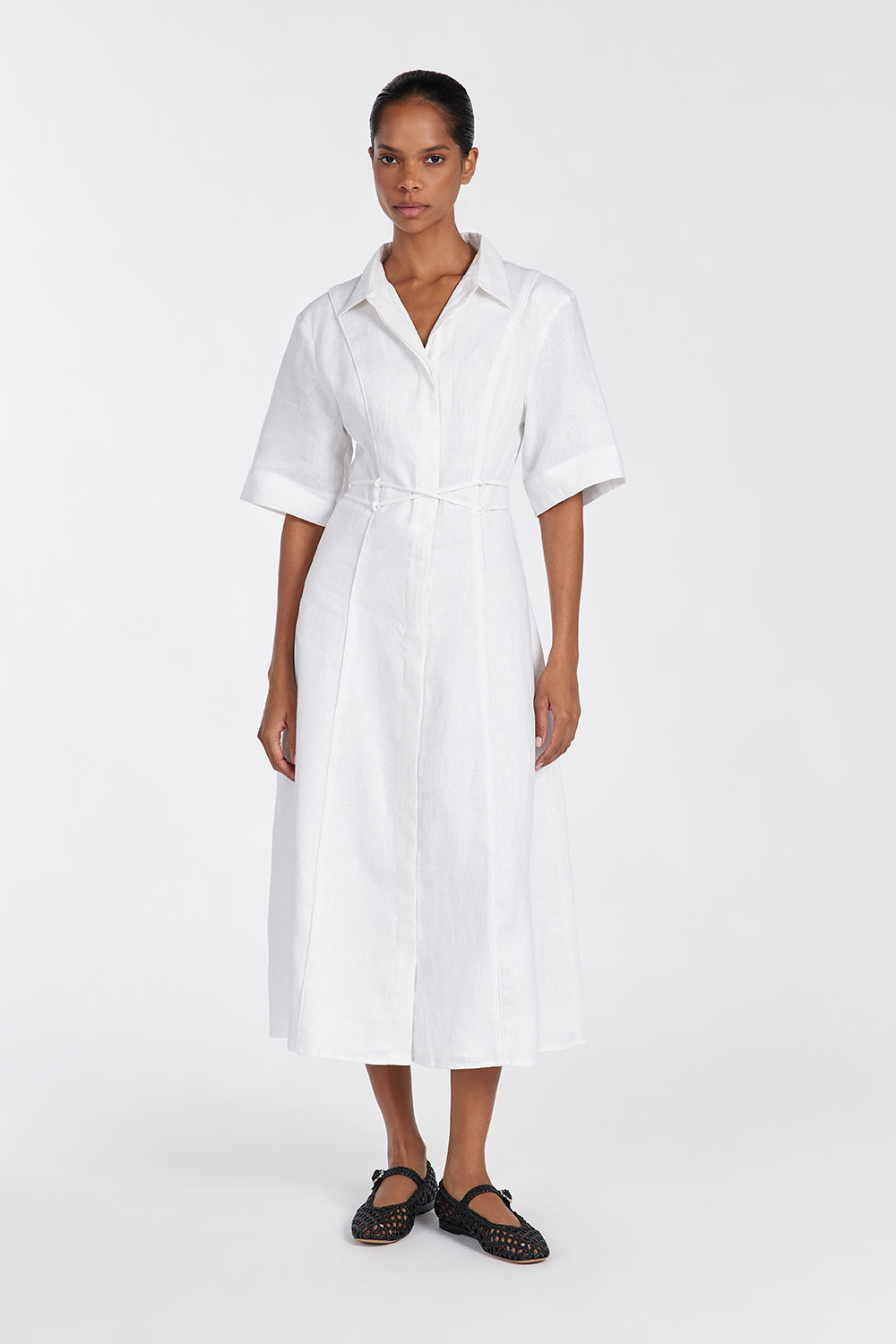 Astrid Linen Midi Dress with Waist Tie - White Shirt Style