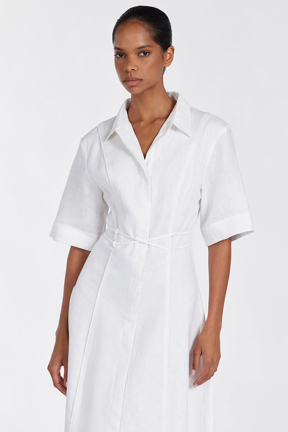 Astrid Linen Midi Dress with Waist Tie - White Shirt Style