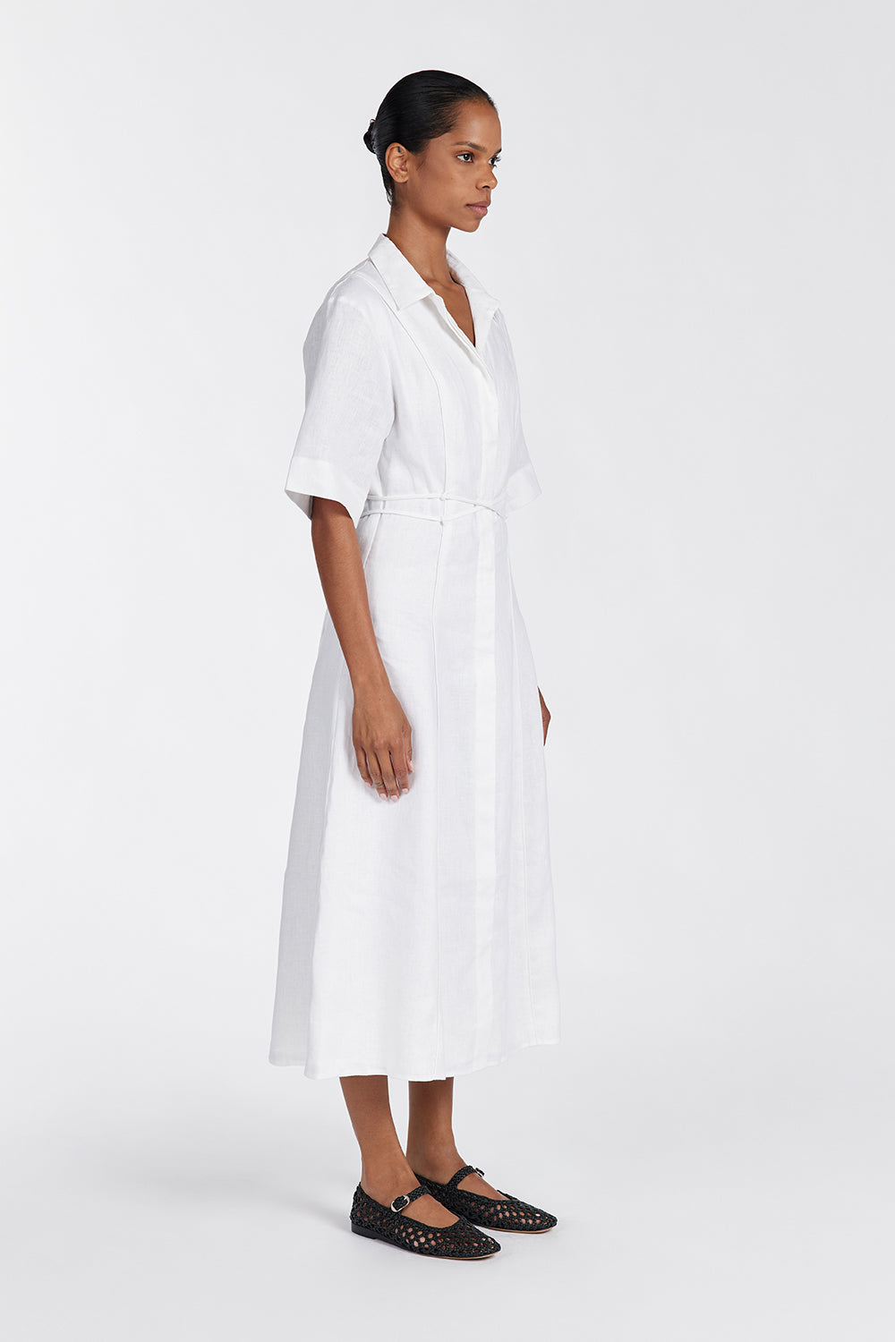 Astrid Linen Midi Dress with Waist Tie - White Shirt Style