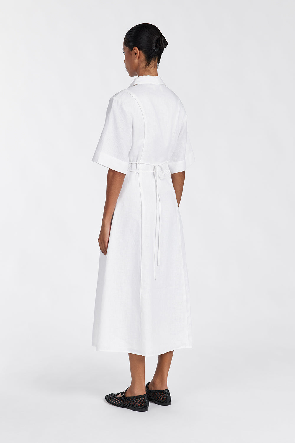Astrid Linen Midi Dress with Waist Tie - White Shirt Style