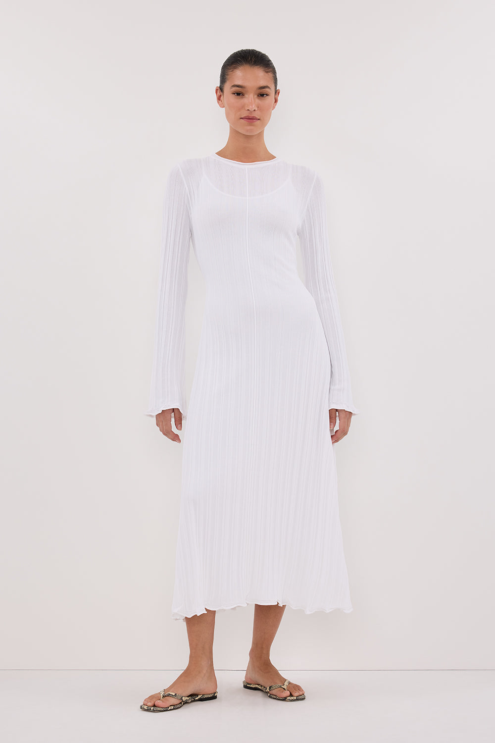 Sylvia Off White Ribbed Knit Midi Dress with Waist Ties