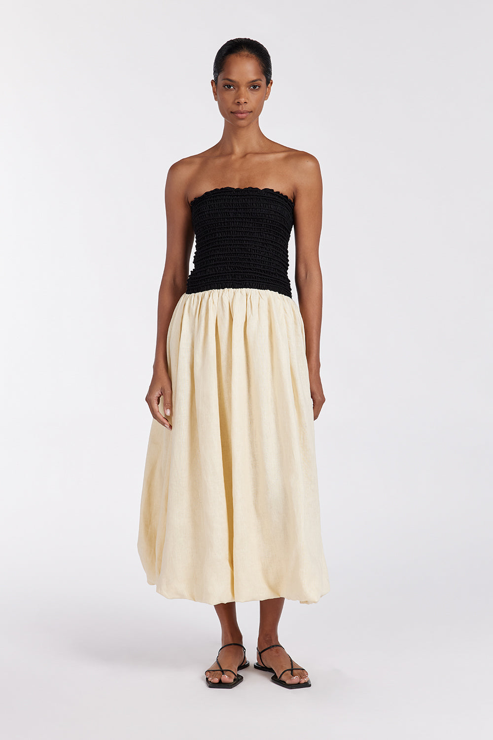 Strapless Black Linen Midi Dress with Shirred Bodice
