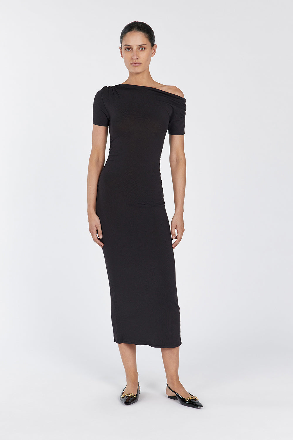 Enzo Bitter Chocolate Midi Dress with Ruched Detailing