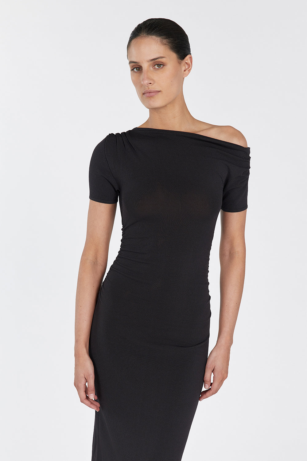 Enzo Bitter Chocolate Midi Dress with Ruched Detailing