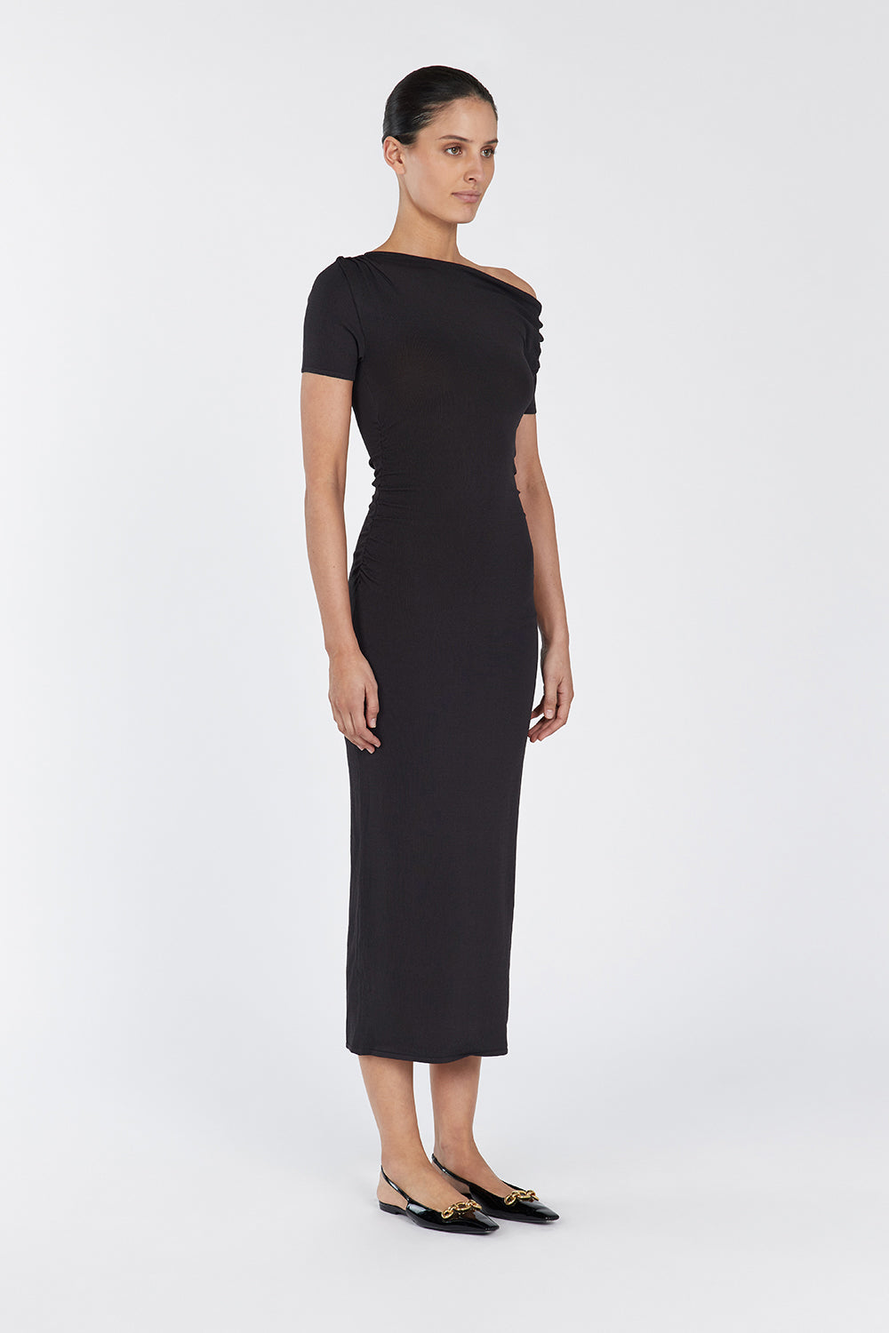 Enzo Bitter Chocolate Midi Dress with Ruched Detailing