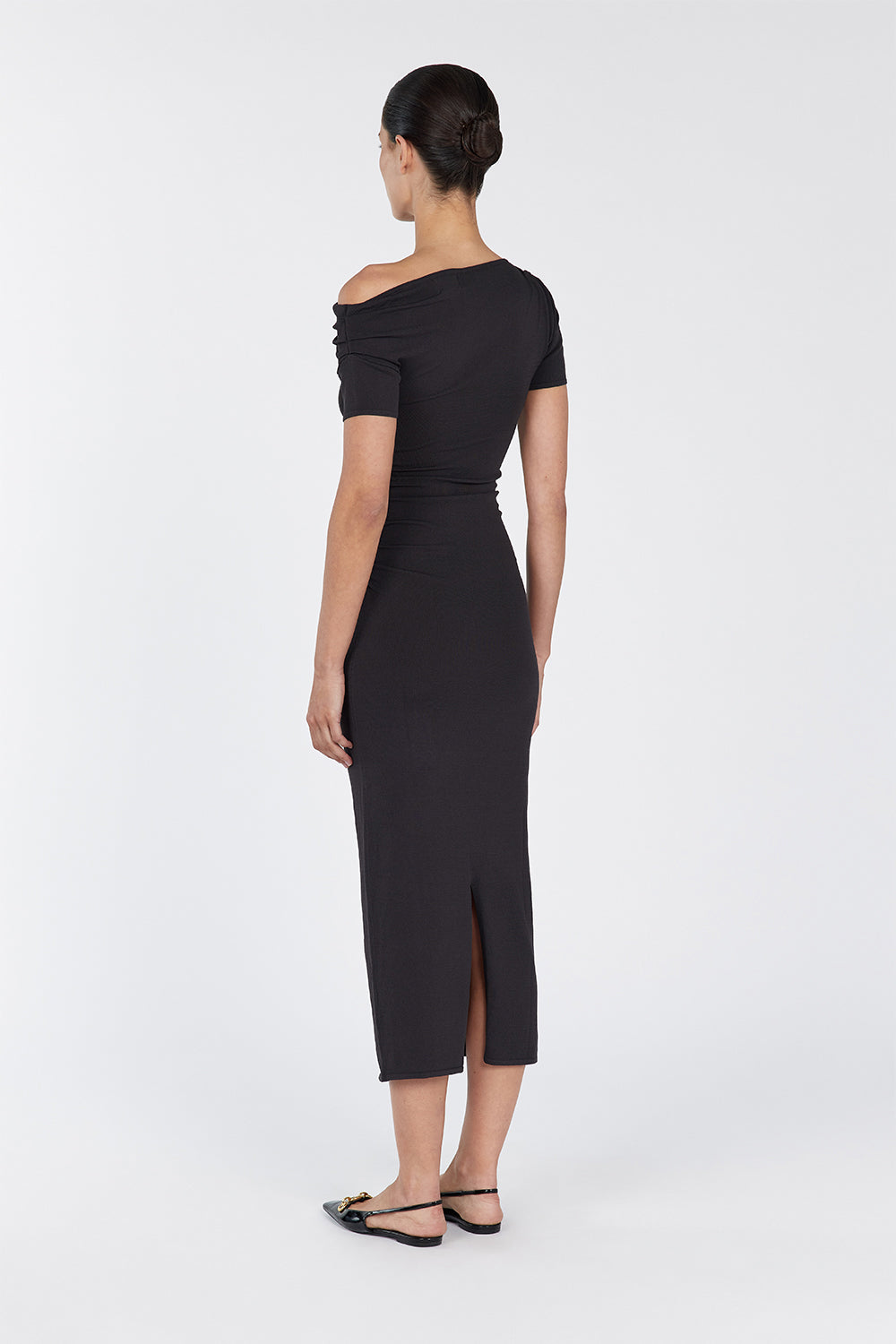 Enzo Bitter Chocolate Midi Dress with Ruched Detailing