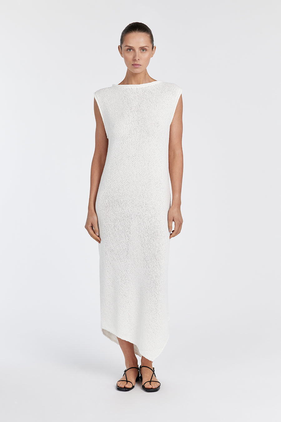 Althea Sleeveless Knit Midi Dress - Off White Asymmetrical Hem