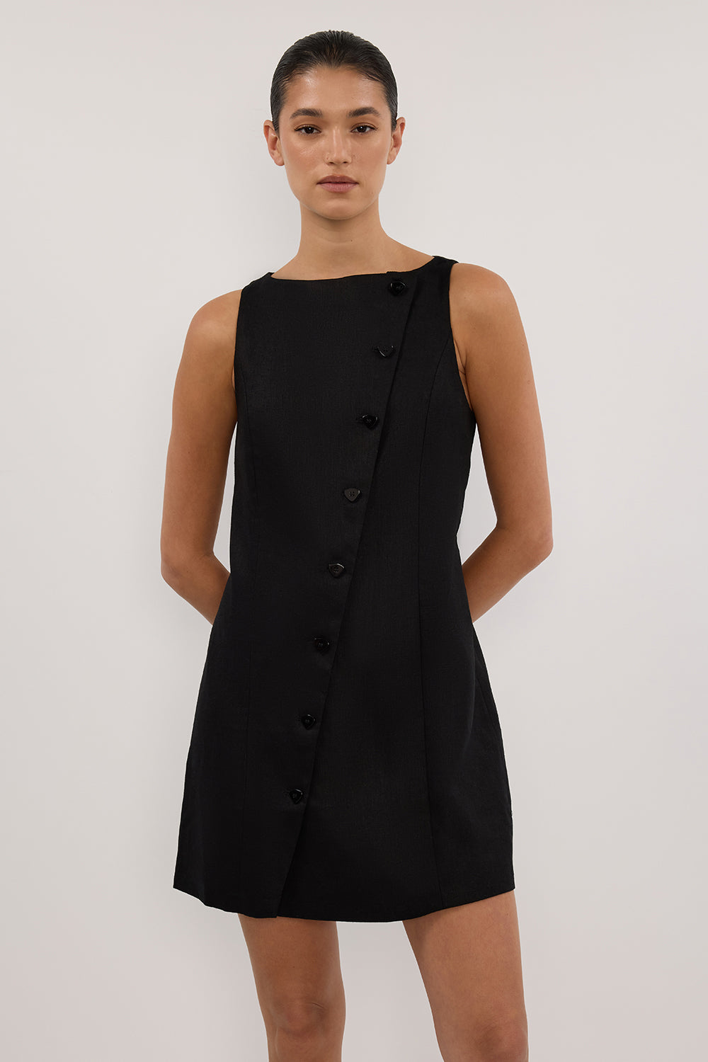 Tommy Black Linen Wrap Mini Dress - Sleeveless & Adjustable