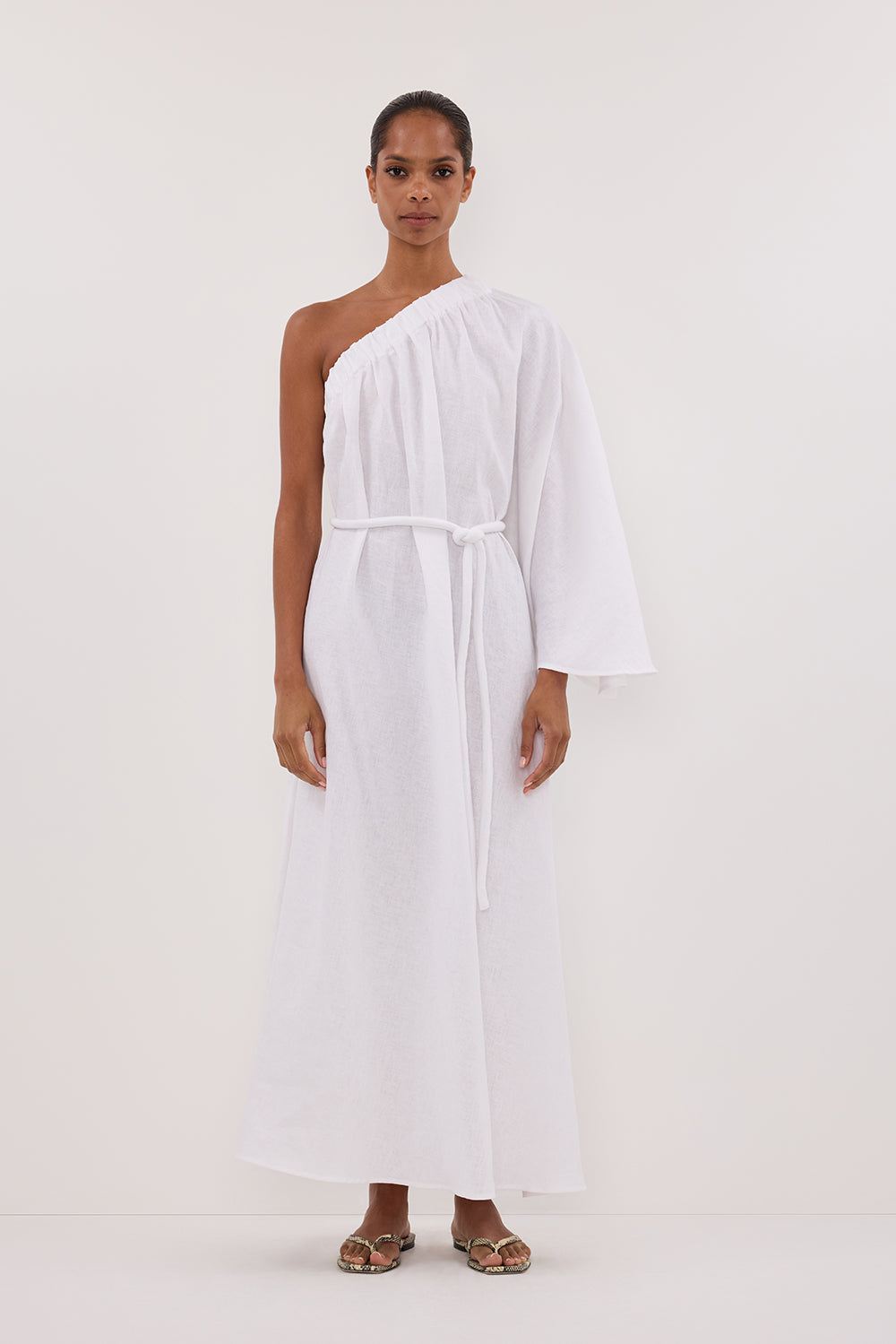 White Linen Midi Dress with Removable Waist Tie – Sally