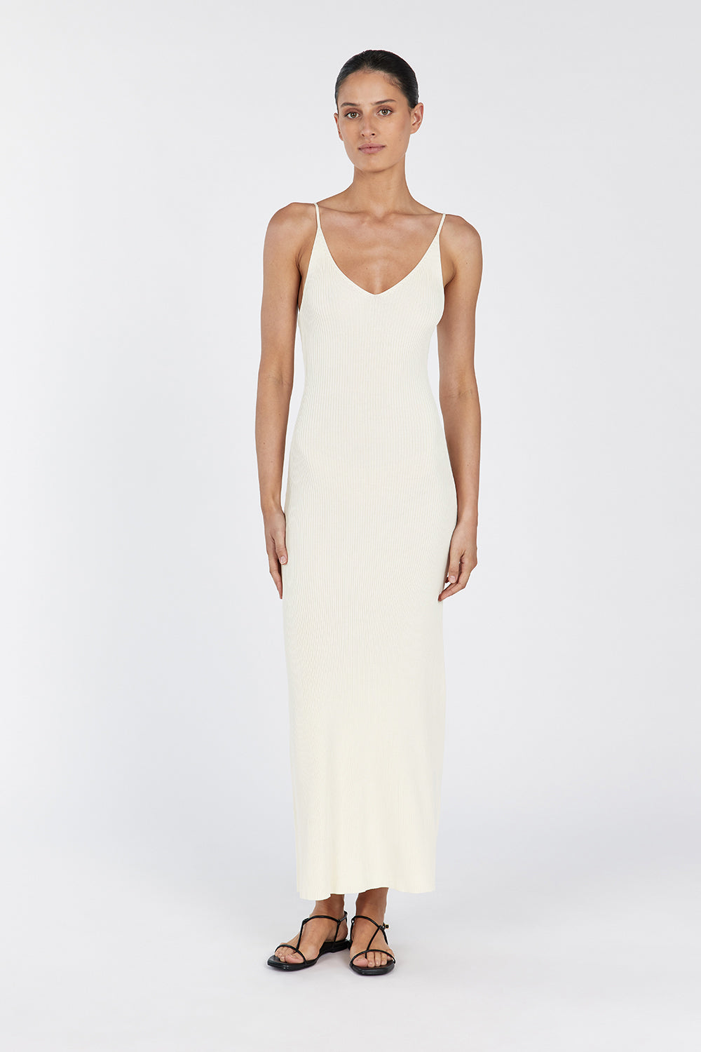 TORI Sleeveless Lemon Knit Midi Dress with V Neck