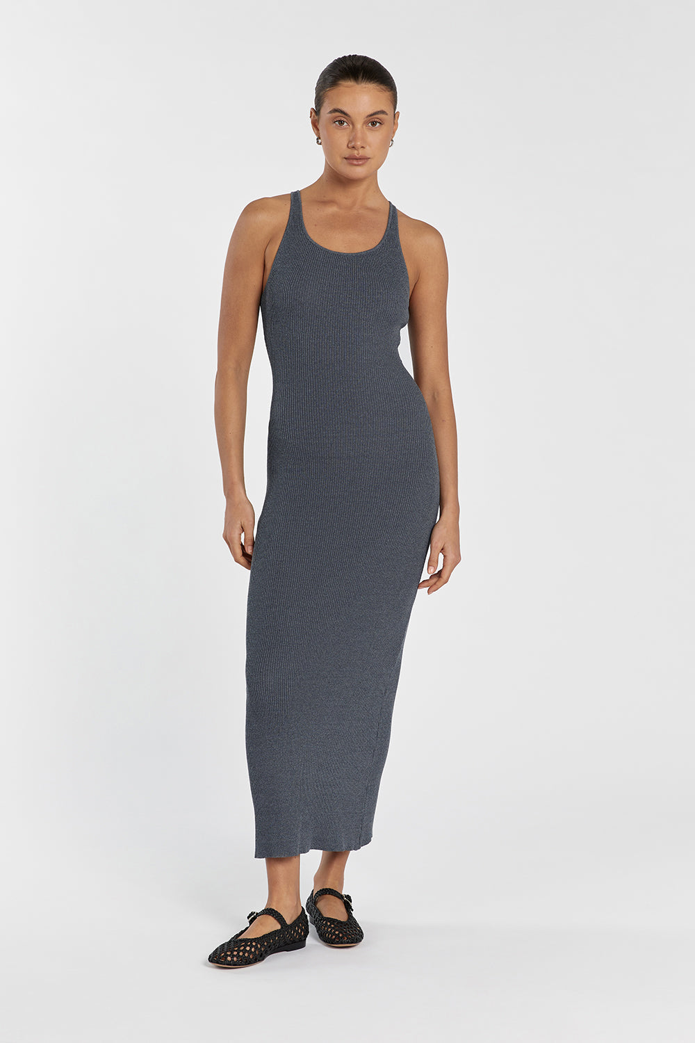 Zion Sleeveless Ribbed Knit Midi Dress in Dark Grey Marle