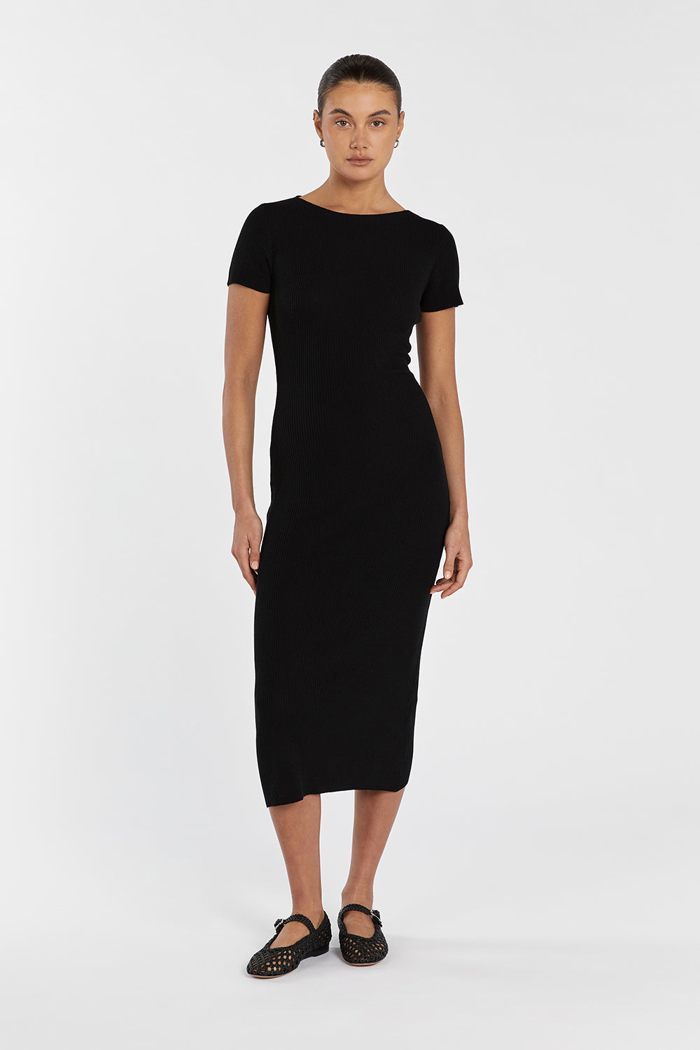 Black Ribbed Knit Midi Dress with Boat Neck
