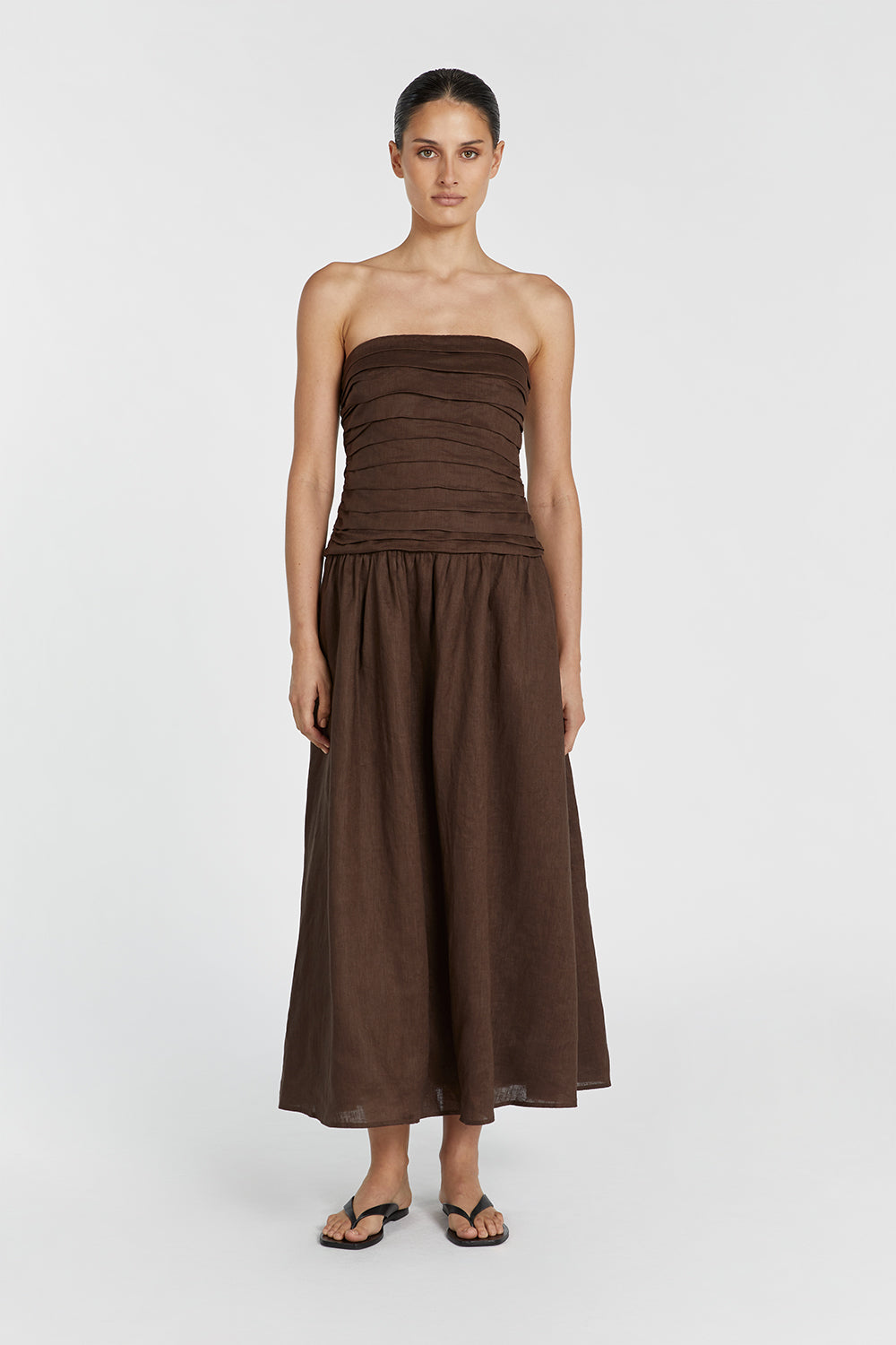 Strapless Linen Midi Dress with Pleated Bodice – Catania Bitter Choc
