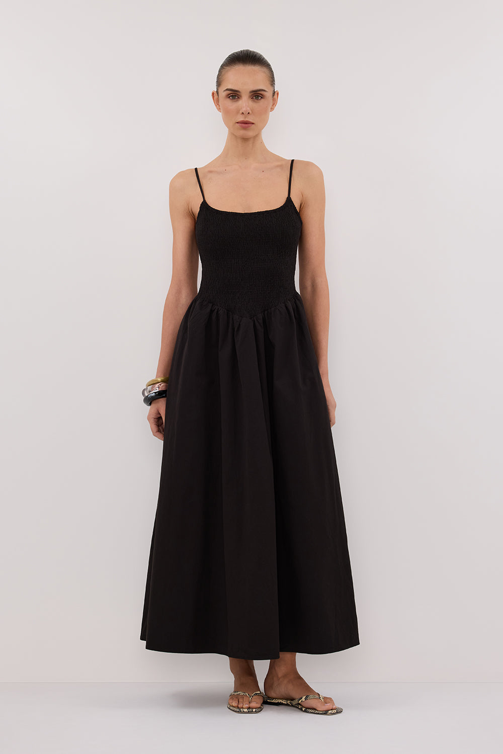 Black Cotton Midi Dress with Adjustable Straps & Side Split