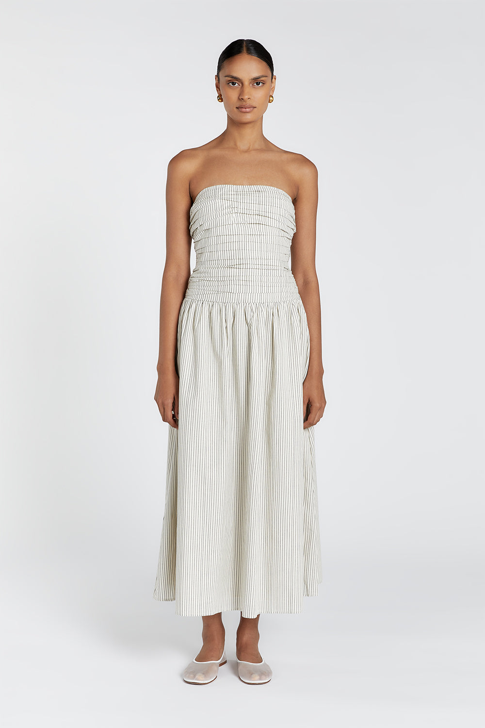 Ayla Cream Strapless Midi Dress with Pleated Bodice & Circle Skirt