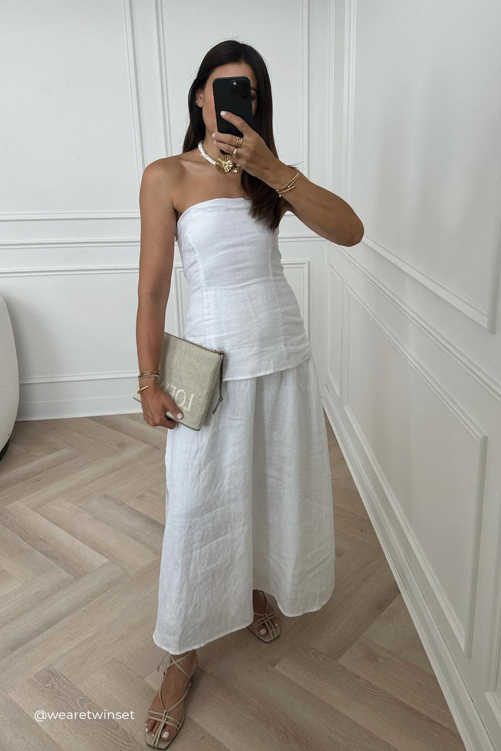 Saskia White Linen Strapless Maxi Dress with Back Cut Out