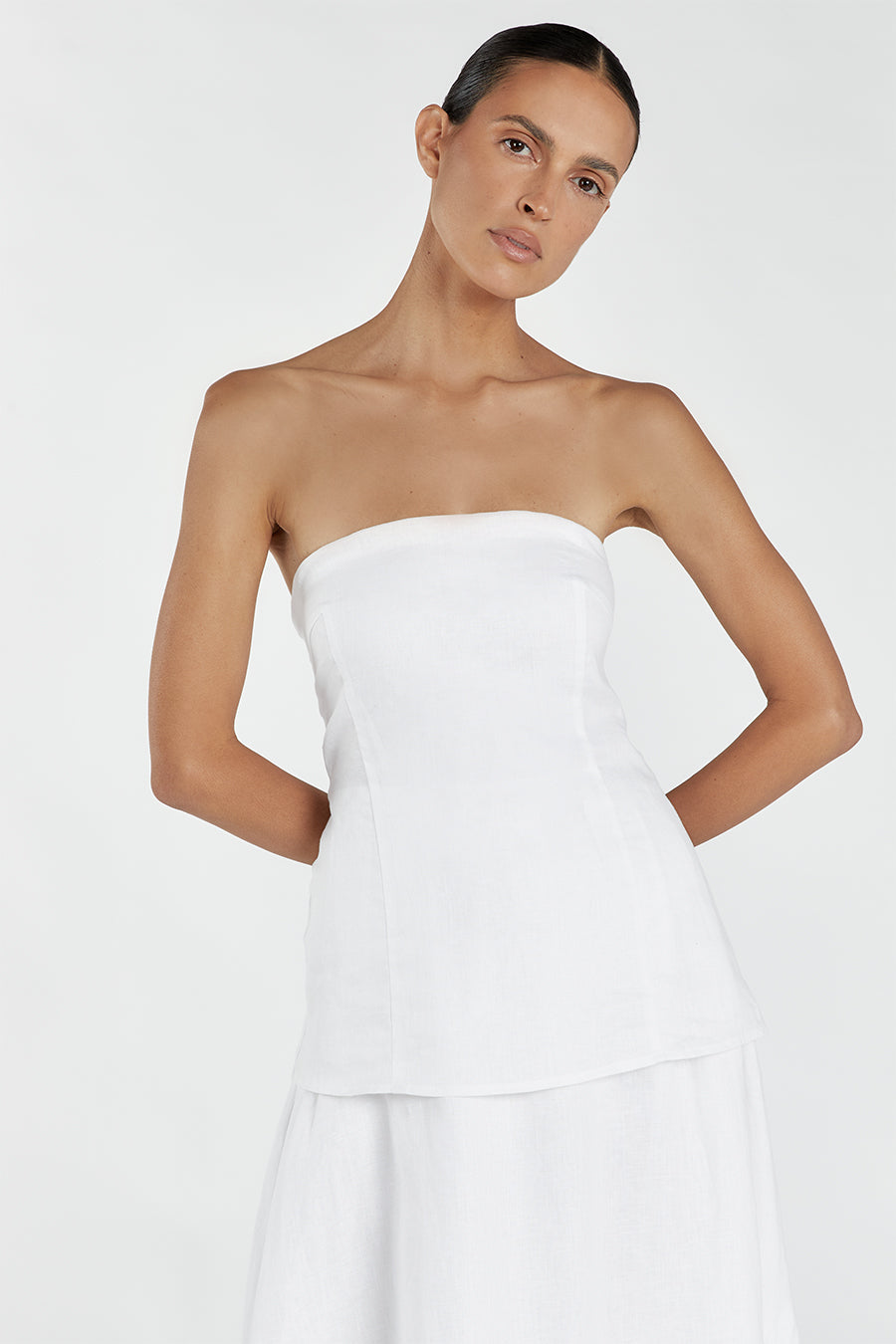Saskia White Linen Strapless Maxi Dress with Back Cut Out
