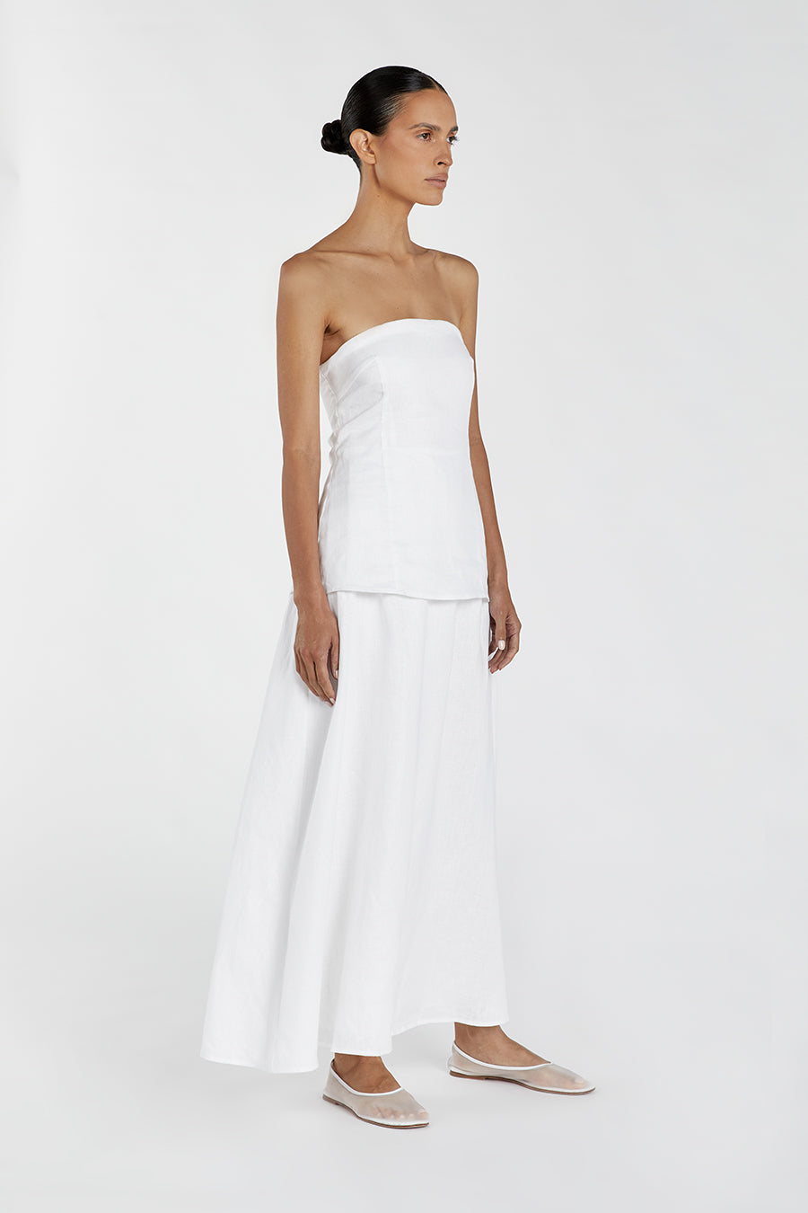 Saskia White Linen Strapless Maxi Dress with Back Cut Out