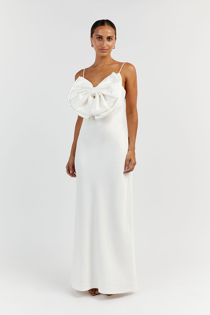 White Silk Linen Bow Front Midi Dress - Sleeveless Slim Fit